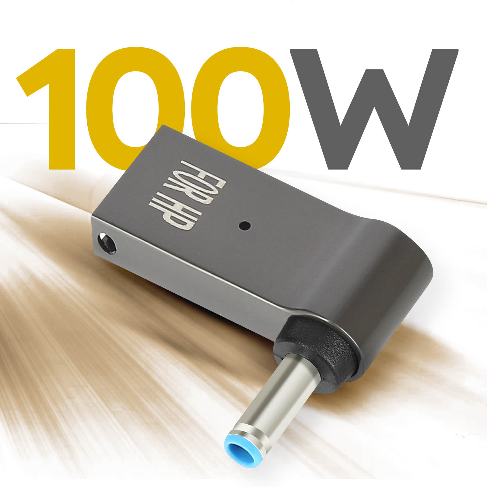 Un adattatore nero e grigio con la scritta "FOR HP". Testo 100W in giallo.