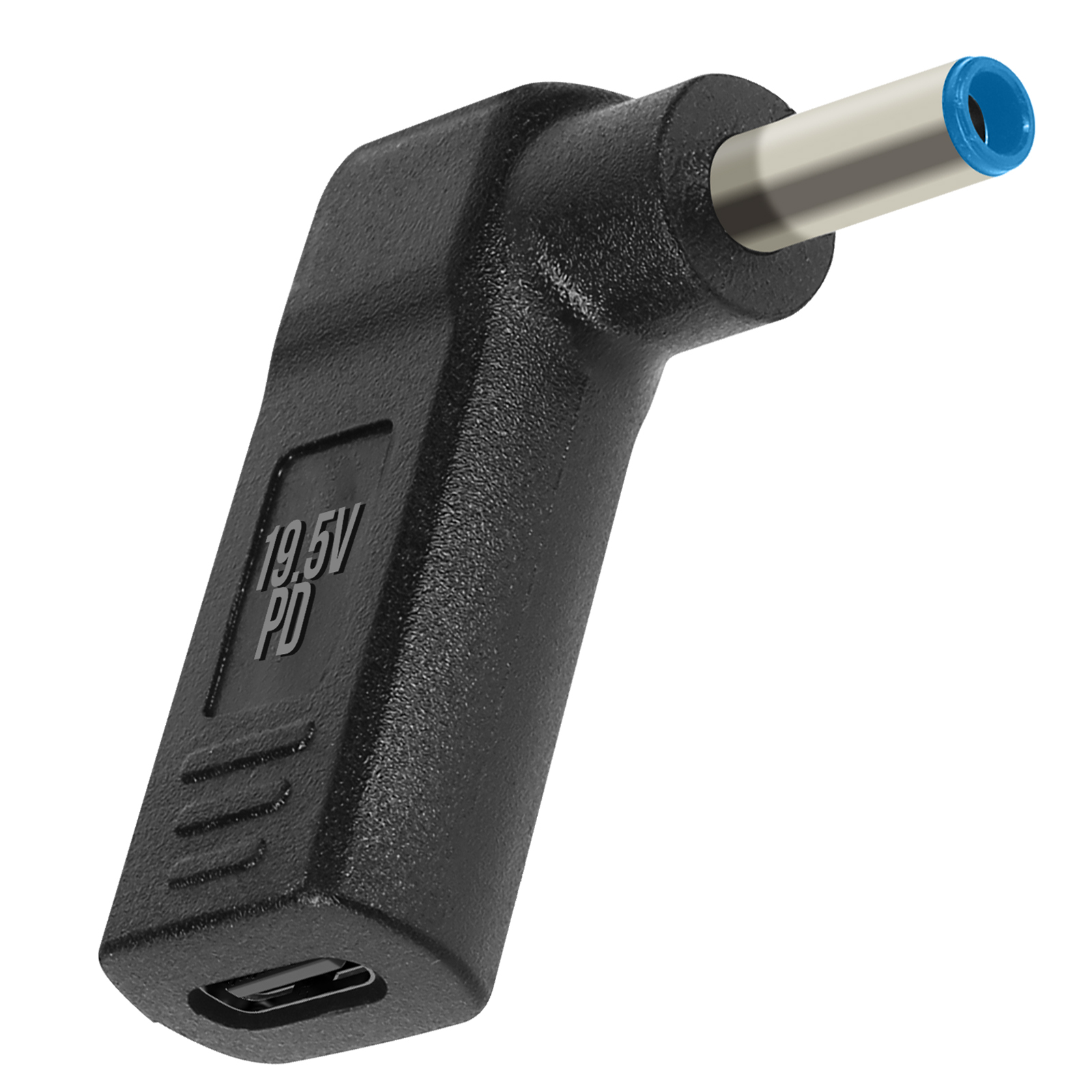 Adattatore PD nero da 19,5 V con punta blu. Sfondo bianco.
