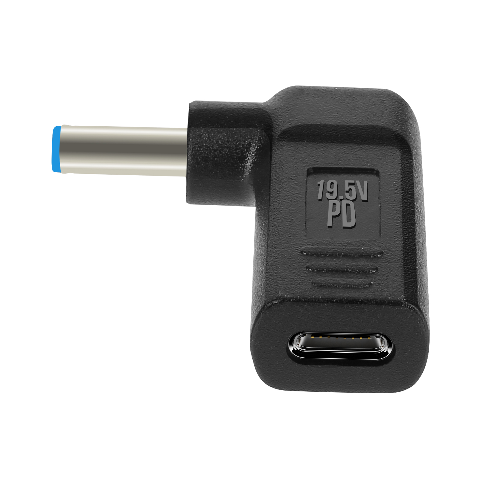 Adattatore nero con design ad angolo retto e punta blu. Ha una porta USB-C in basso.