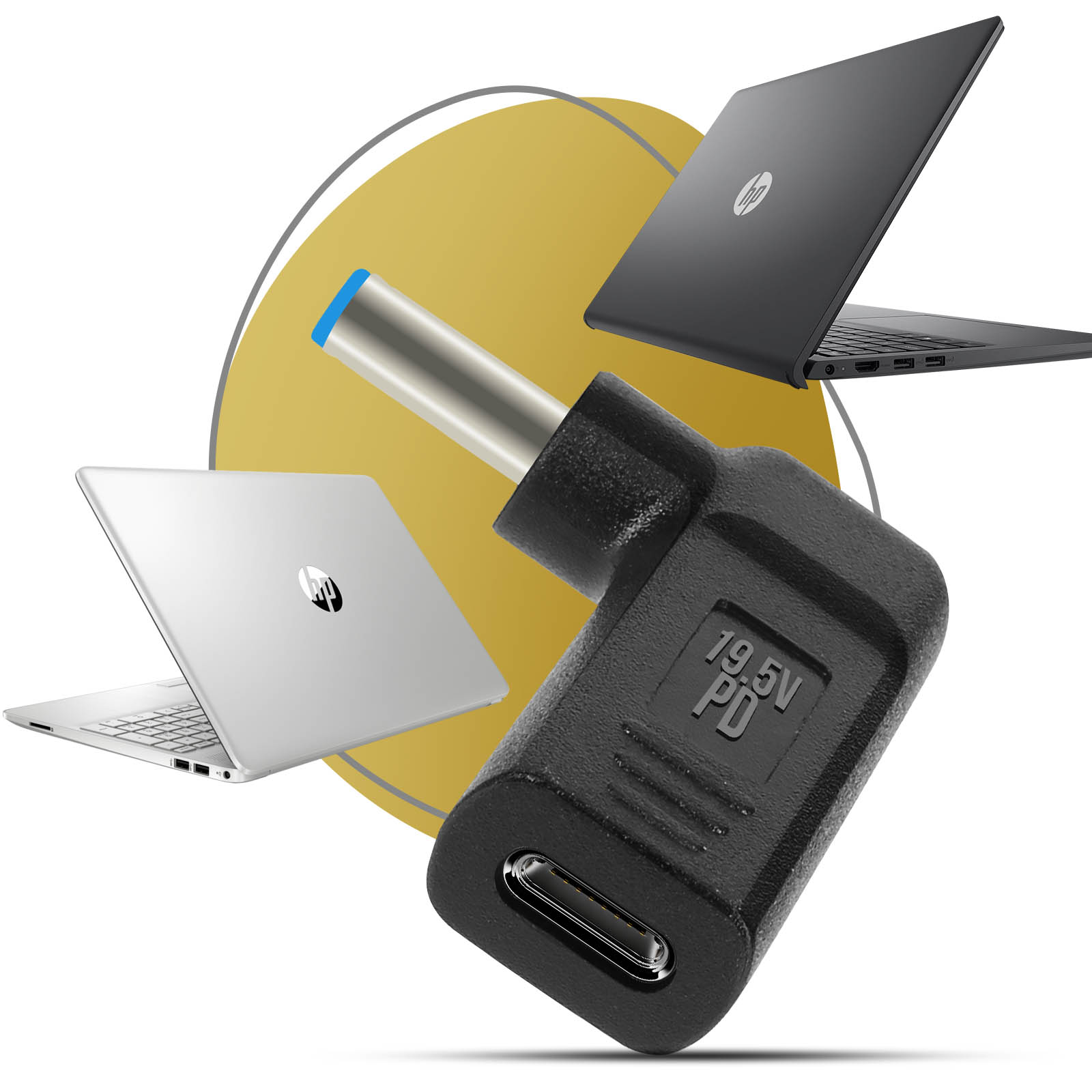 Adattatore per laptop con tre laptop sullo sfondo. L'adattatore è nero con porta USB-C e punta blu.