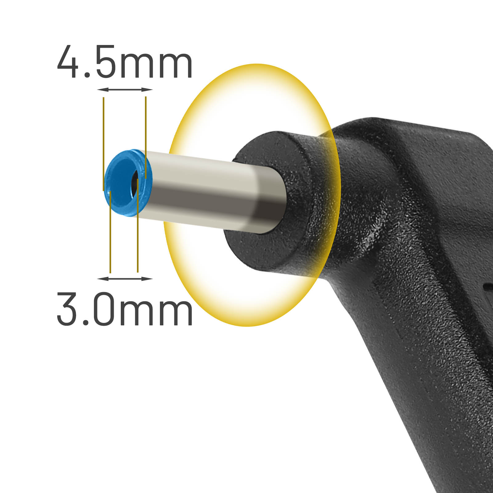 Primo piano del connettore dell'adattatore di alimentazione con dimensioni di 4,5 mm e 3,0 mm e un'anima blu.