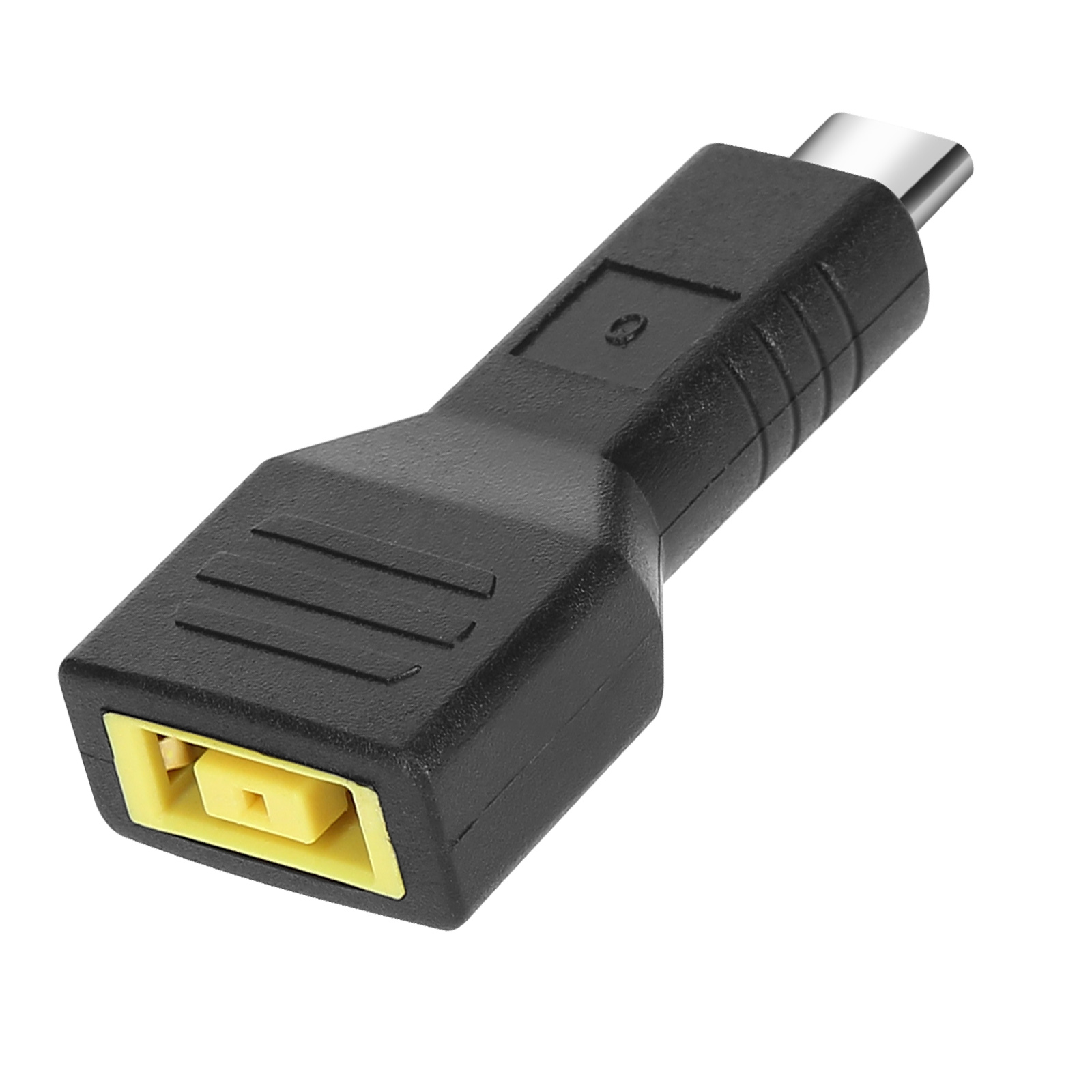 Adattatore nero con estremità USB-C e estremità porta di ricarica Lenovo gialla. Sfondo bianco.