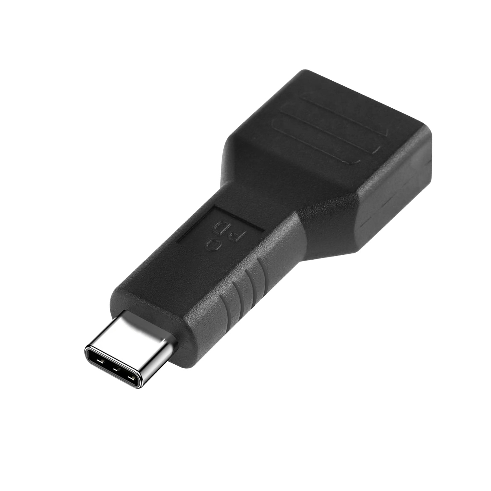 Adattatore USB-C nero, con un ingresso USB-C e un connettore più grande.