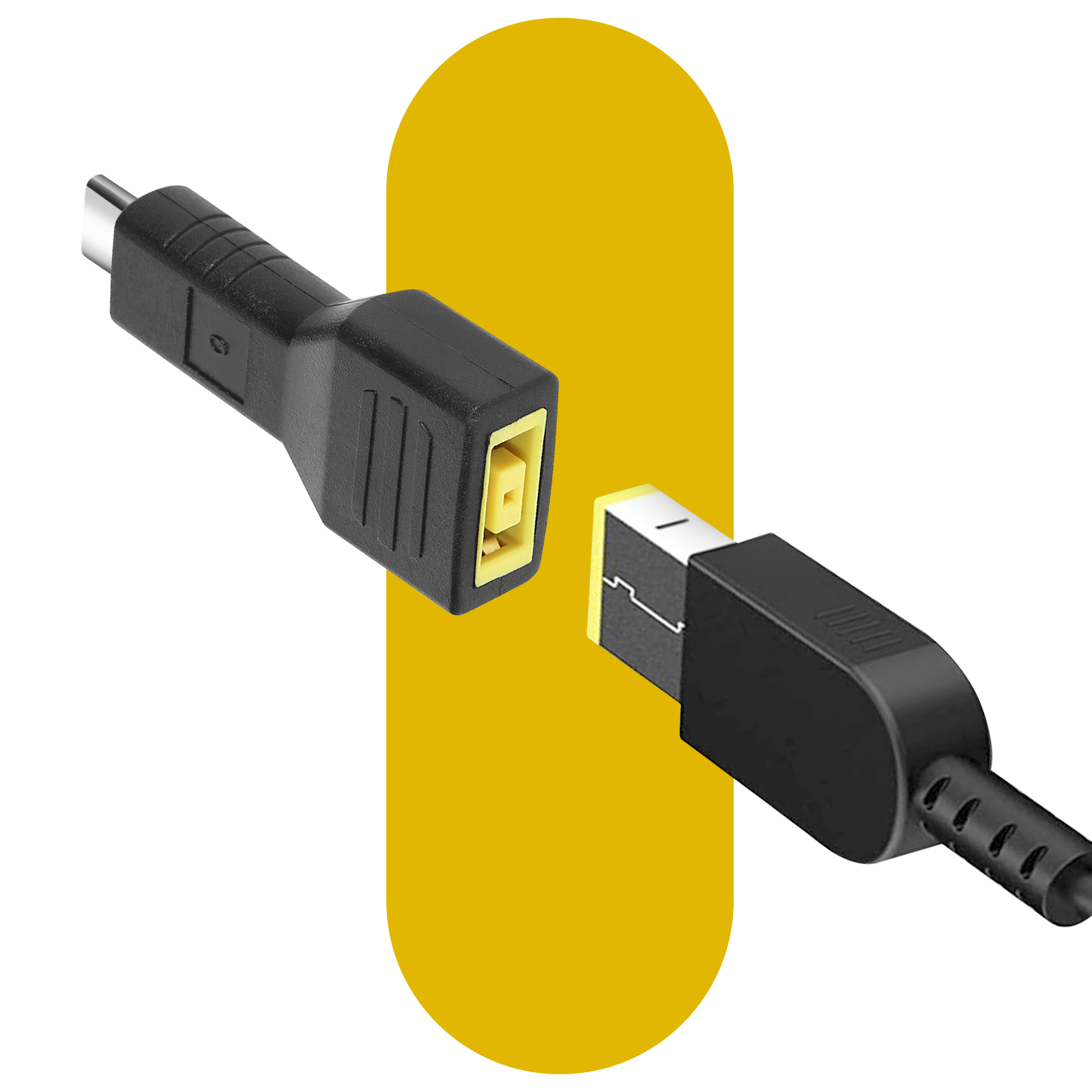 Connettori caricabatterie per laptop neri e gialli, staccati. Forma gialla sullo sfondo.