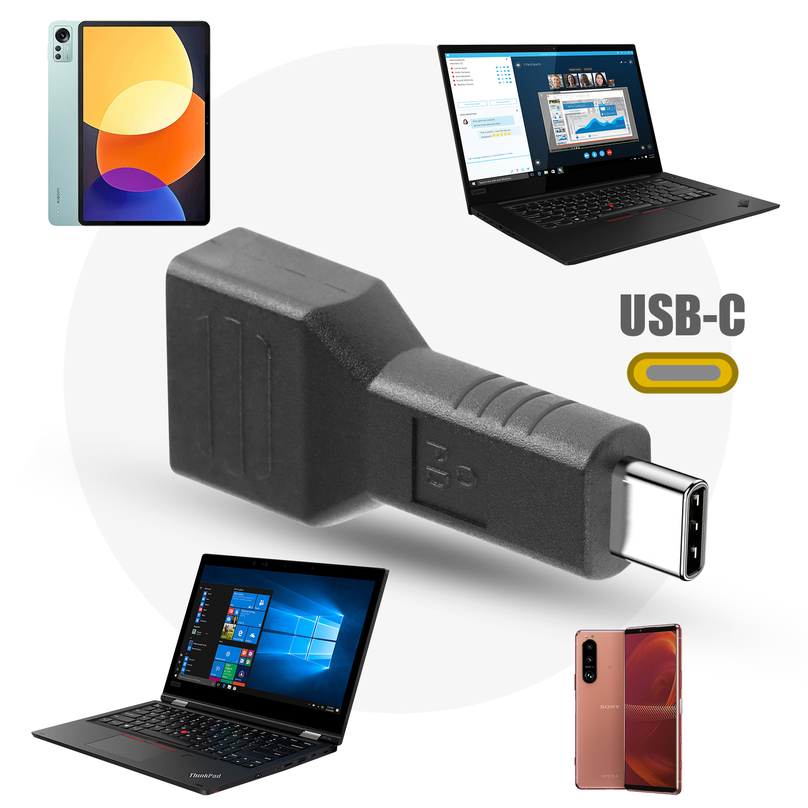 Adattatore USB-C con dispositivi collegati: un tablet, laptop e uno smartphone. Adattatore nero.