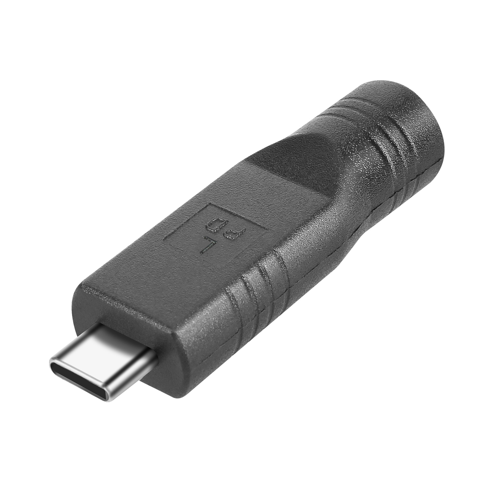 Adattatore USB-C nero. Ha un connettore USB-C a un'estremità e una forma più cilindrica all'altra.