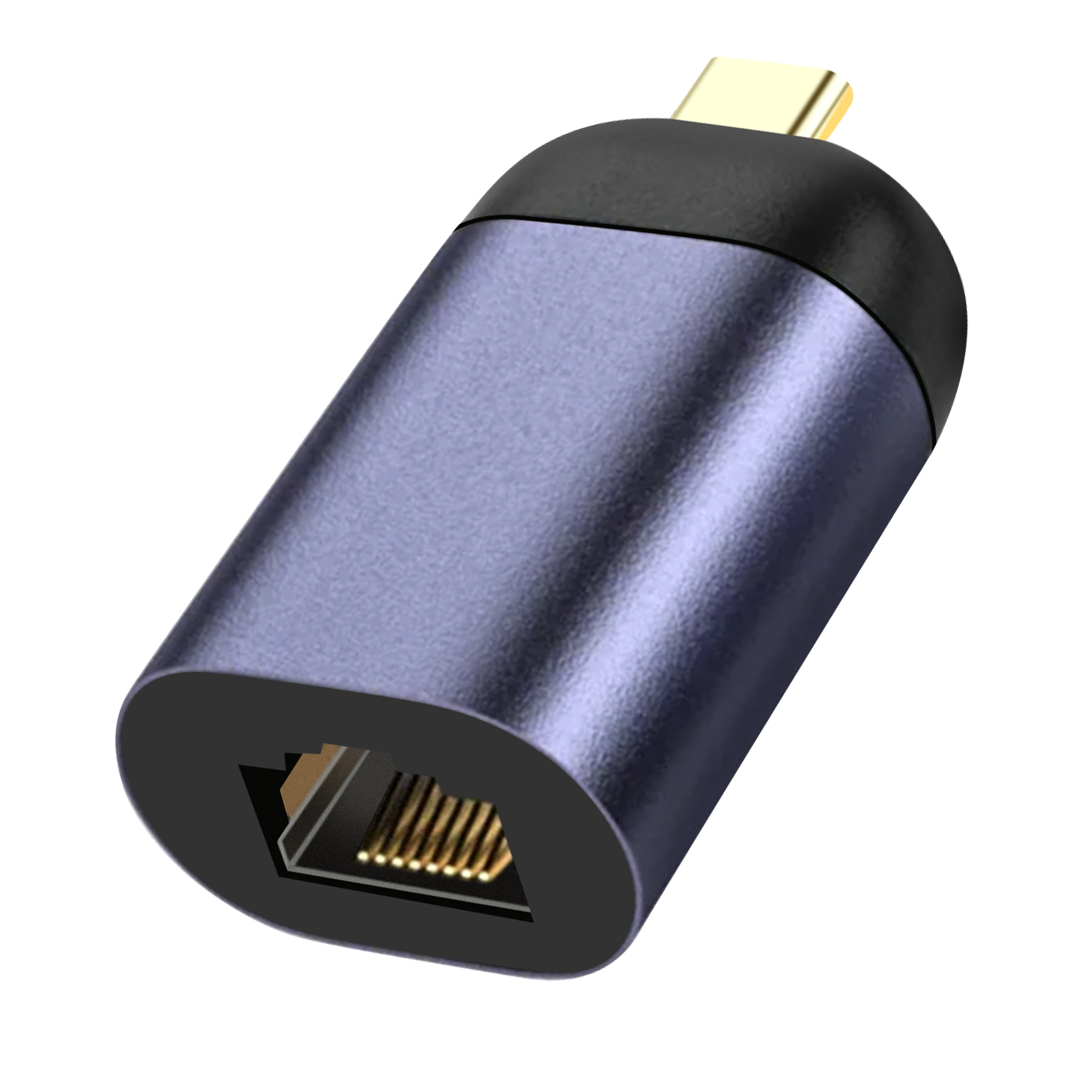 Adattatore blu e nero con porta Ethernet. Scatto angolato su sfondo bianco.