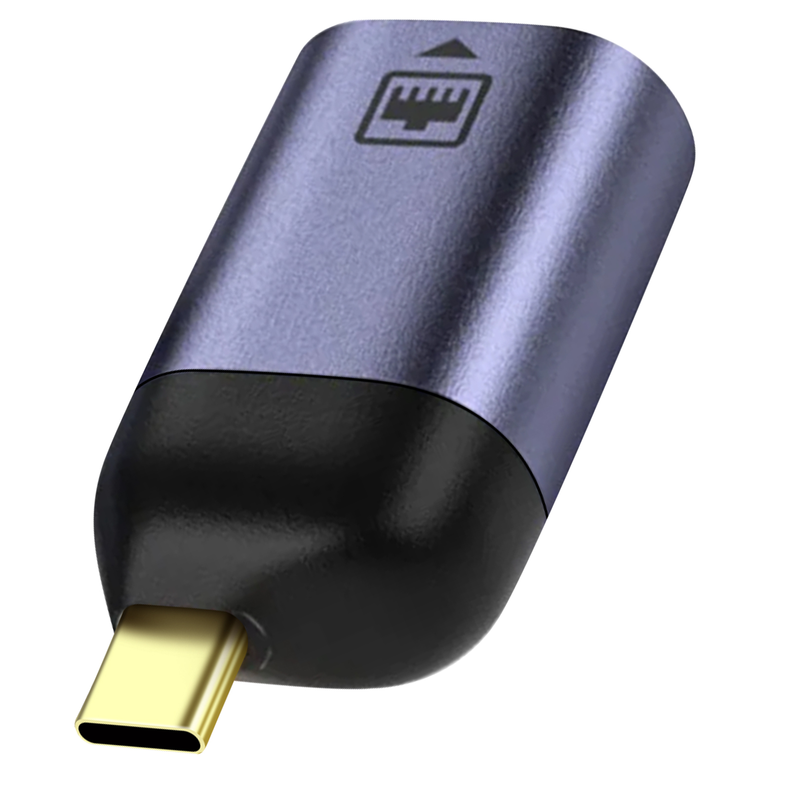 Un piccolo adattatore da USB-C a Ethernet blu-grigio con un'icona della porta Ethernet.