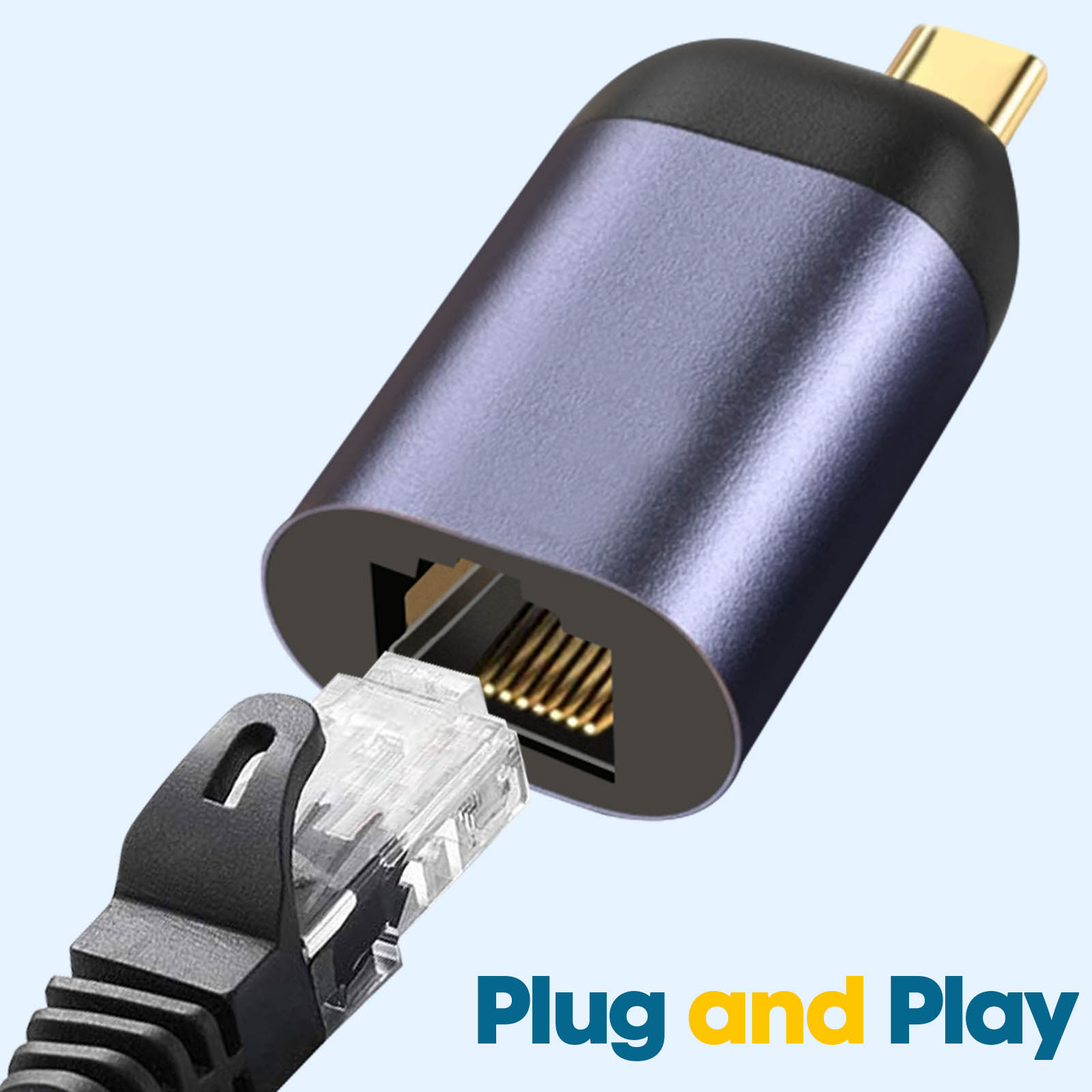 Cavo adattatore da USB-C a Ethernet. Un adattatore nero collegato a un cavo blu.