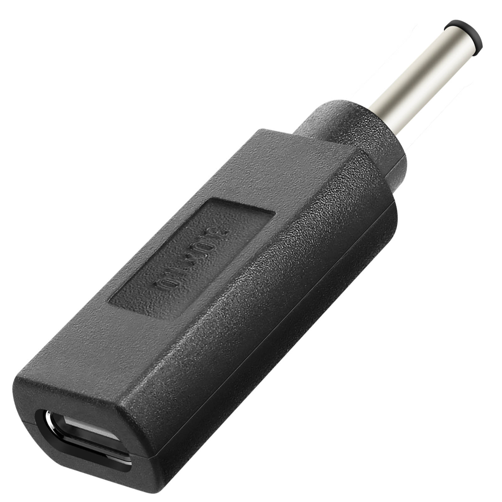 Adattatore nero con porta USB e connettore CC, su sfondo bianco.