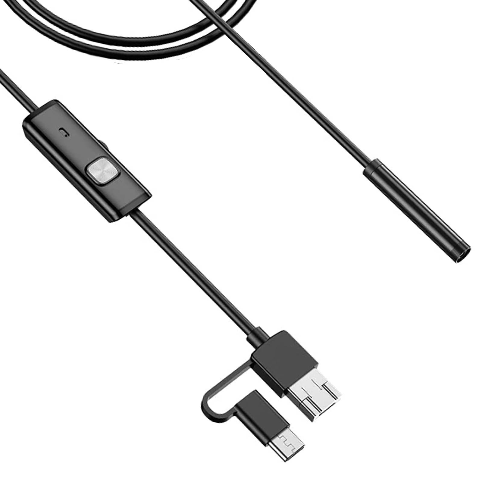 Schwarzes Multi-Connector-Kabel mit USB und Micro-USB. Es hat auch ein Steuermodul.