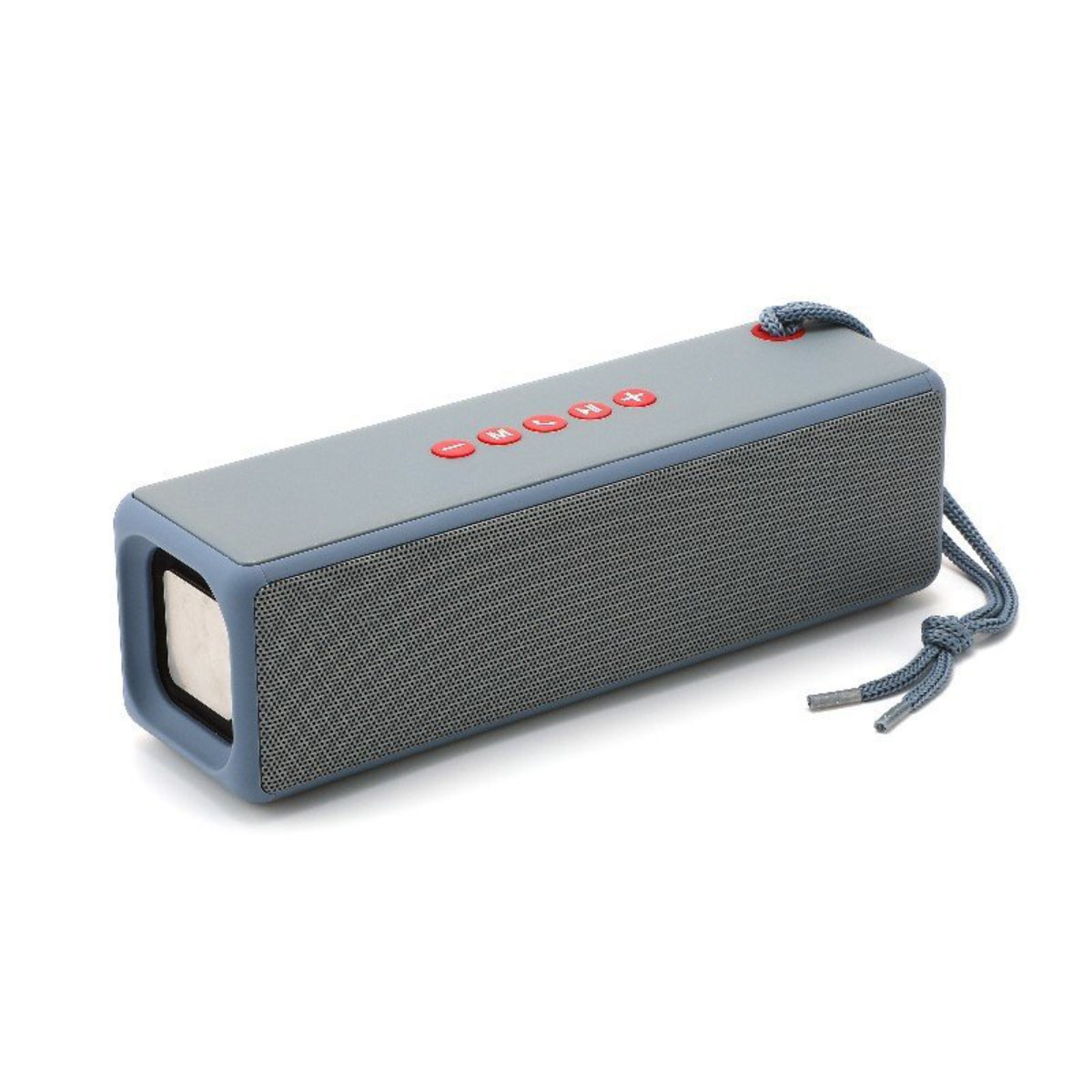 Altavoz rectangular gris y azul con botones rojos, una cuerda azul está sujeta al lado del altavoz.