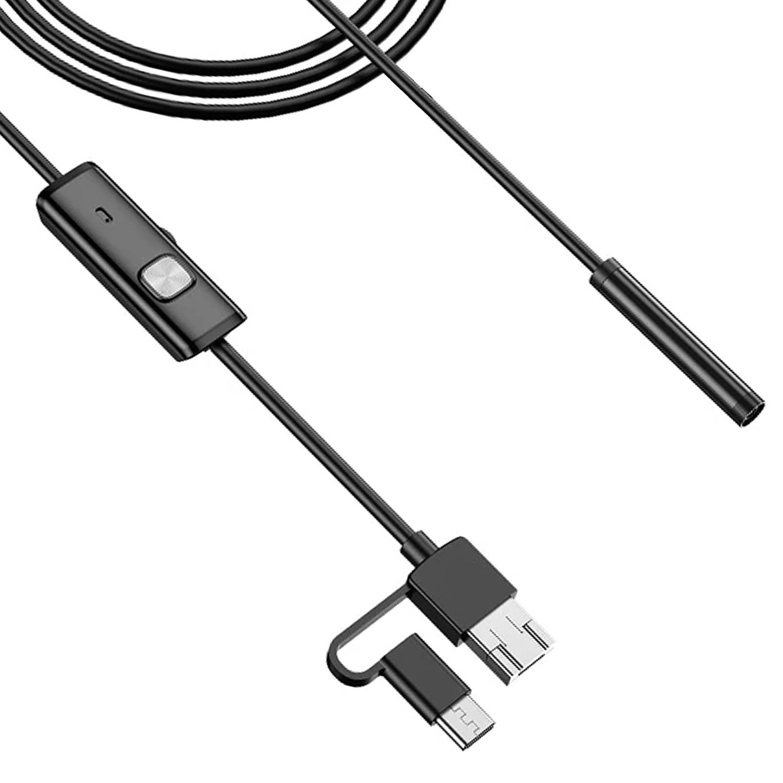 Cavo nero con due connettori. Uno è USB e l'altro è micro USB e USB-C. È su sfondo bianco.