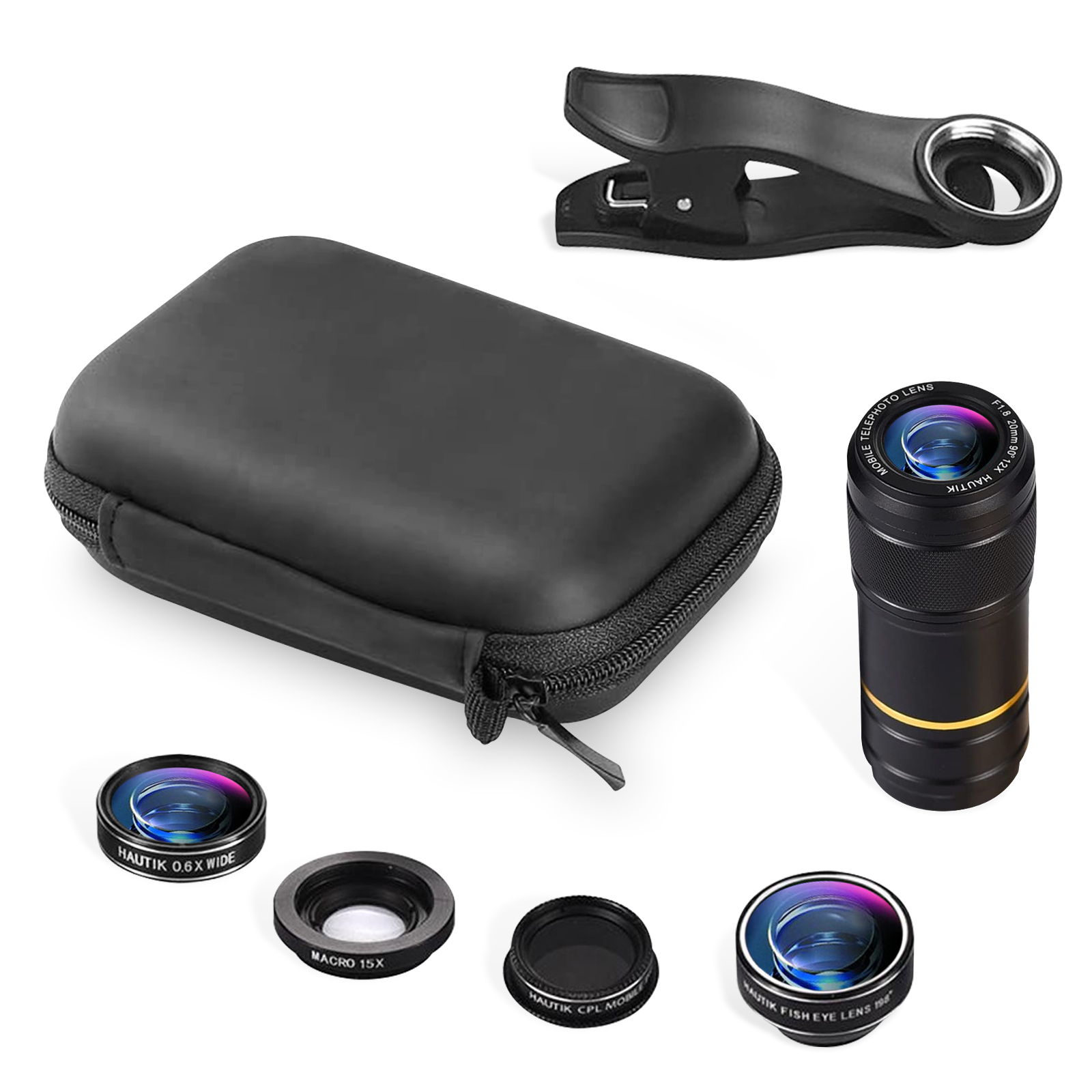 Obiettivi e accessori della fotocamera in una custodia. Include obiettivi grandangolari, macro e fisheye, più una clip.