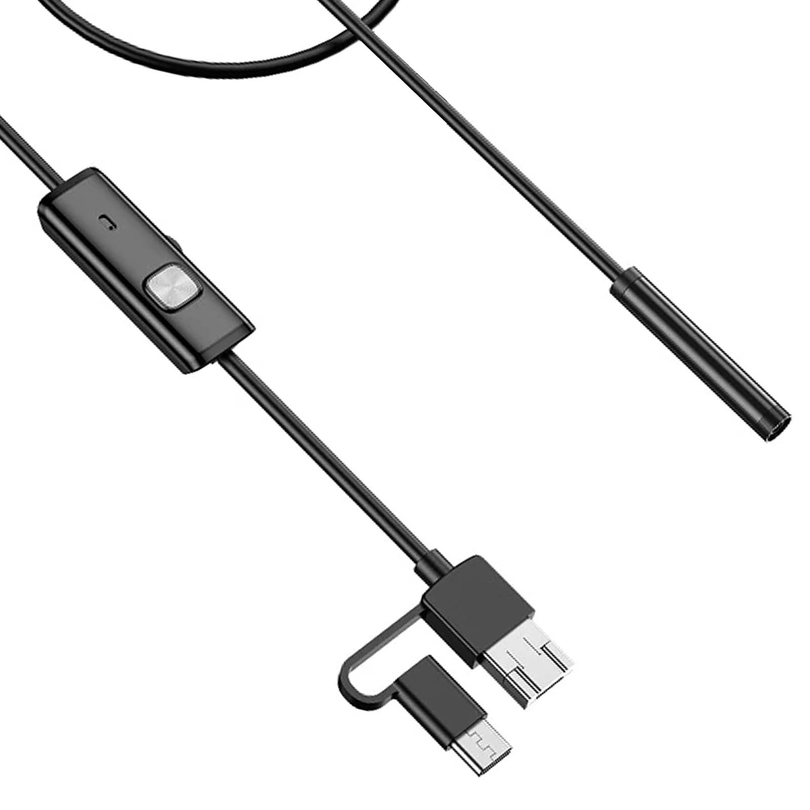 Cable negro con control y dos conectores: uno USB-C, otro micro-USB.