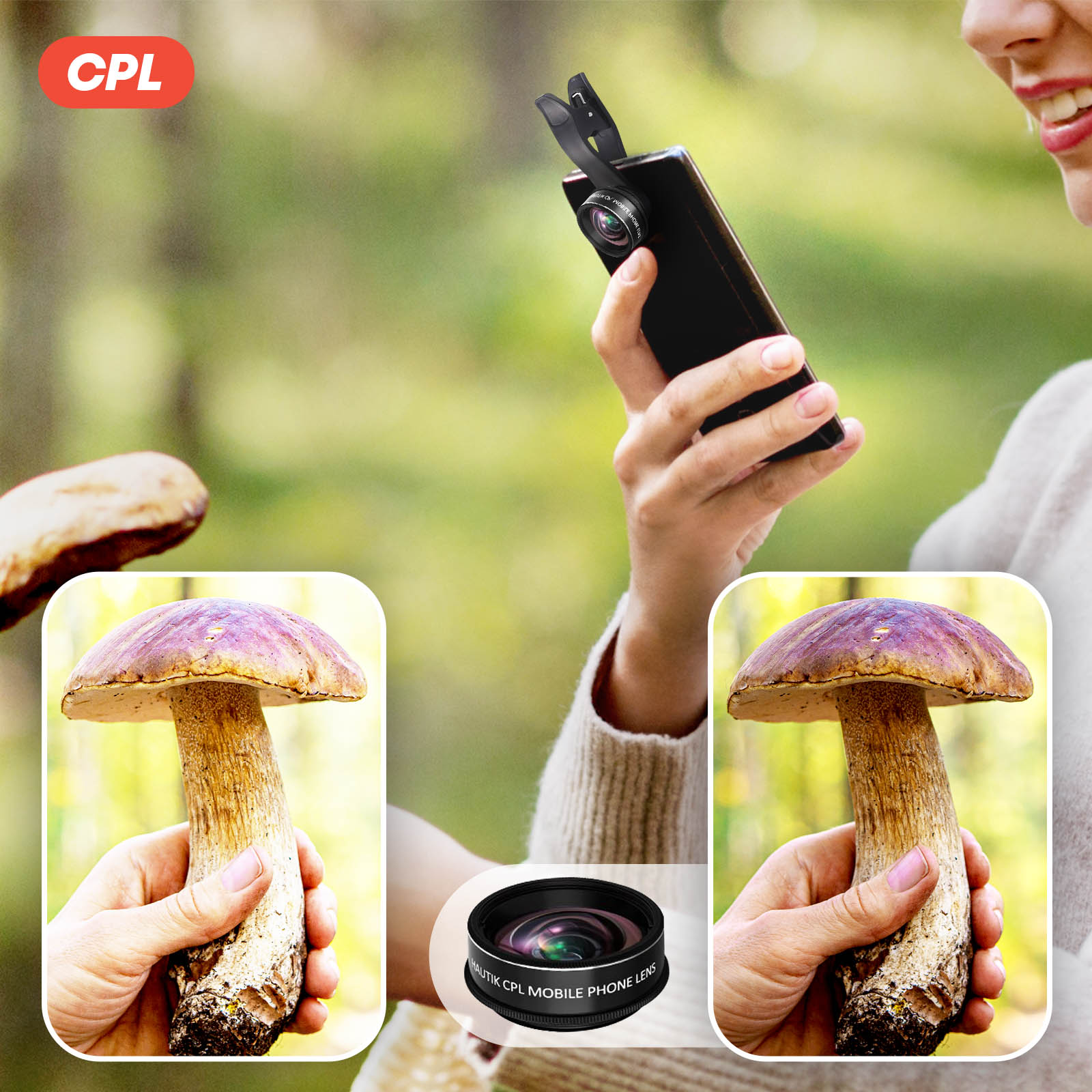 Persona usa lente per telefono per fotografare funghi in un bosco. Lente CPL.