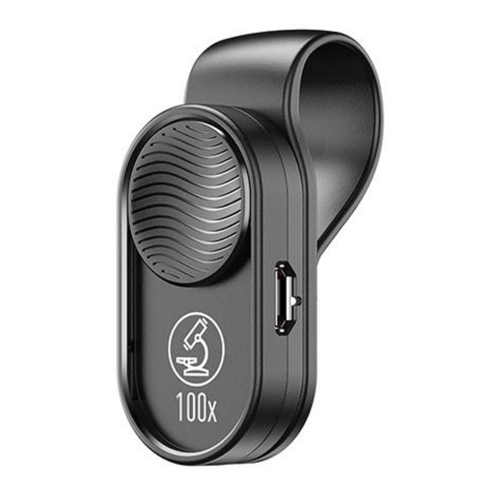 Lente de clip negro para teléfono, con botón y puerto USB. Lee 100x.