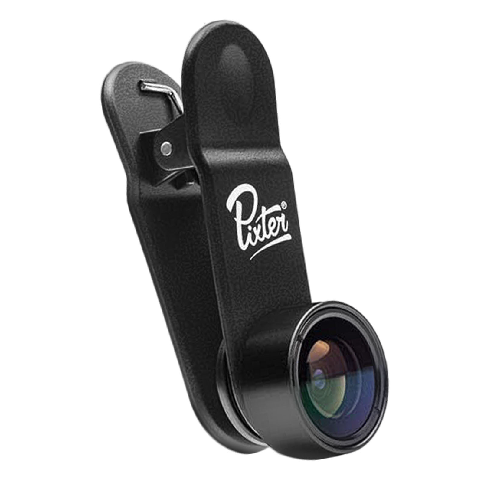 Schwarzer Objektiv-Clip-On für ein Telefon. Es hat ein Objektiv und einen Clip mit dem Logo 'Pixter'.