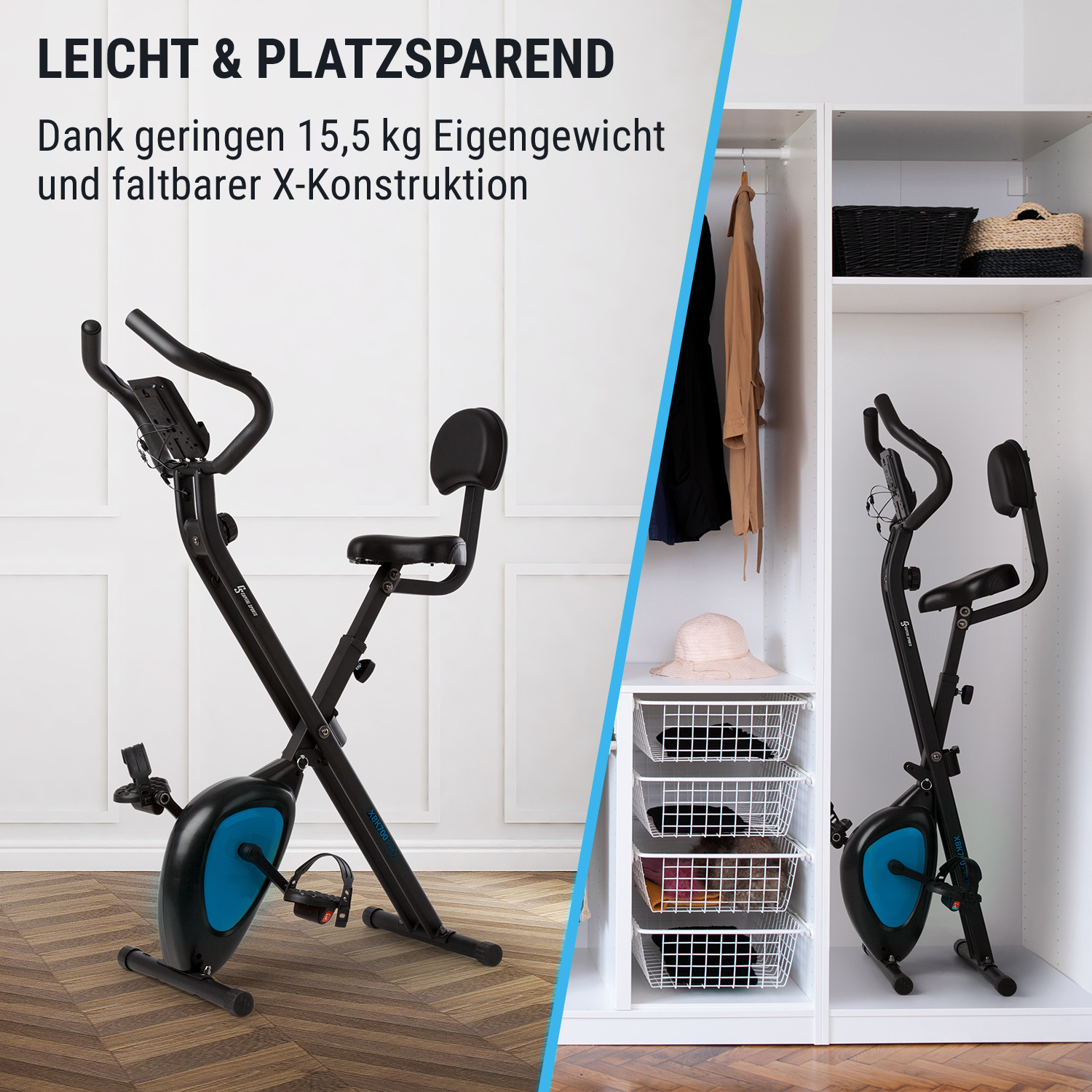 Schwarzes Trainingsrad mit blauen Akzenten, zusammengeklappt neben einem offenen Schrank.