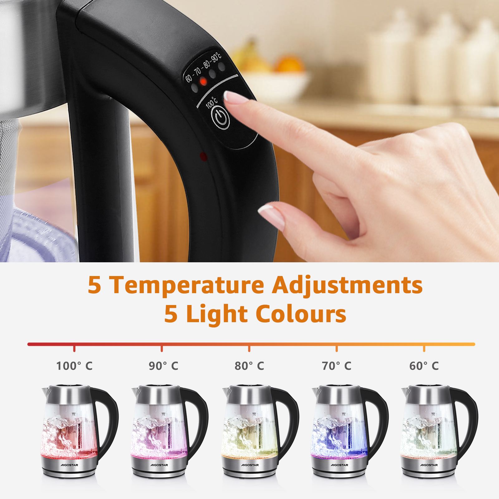 Hervidor eléctrico con 5 ajustes de temperatura y colores de luz. Una mano ajusta la configuración del hervidor.