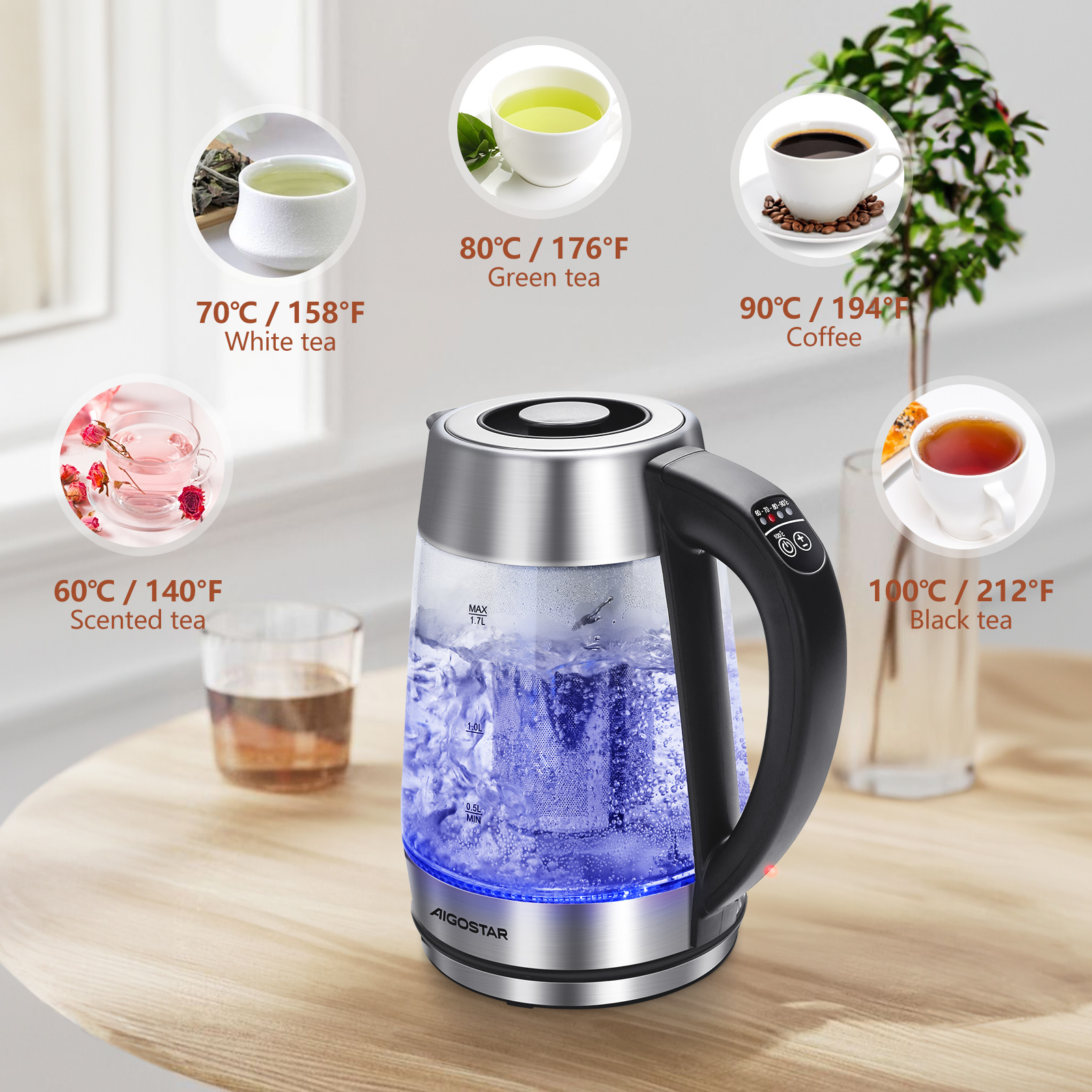 Una tetera eléctrica con agua y luces, rodeada de pequeñas tazas de diferentes tés.