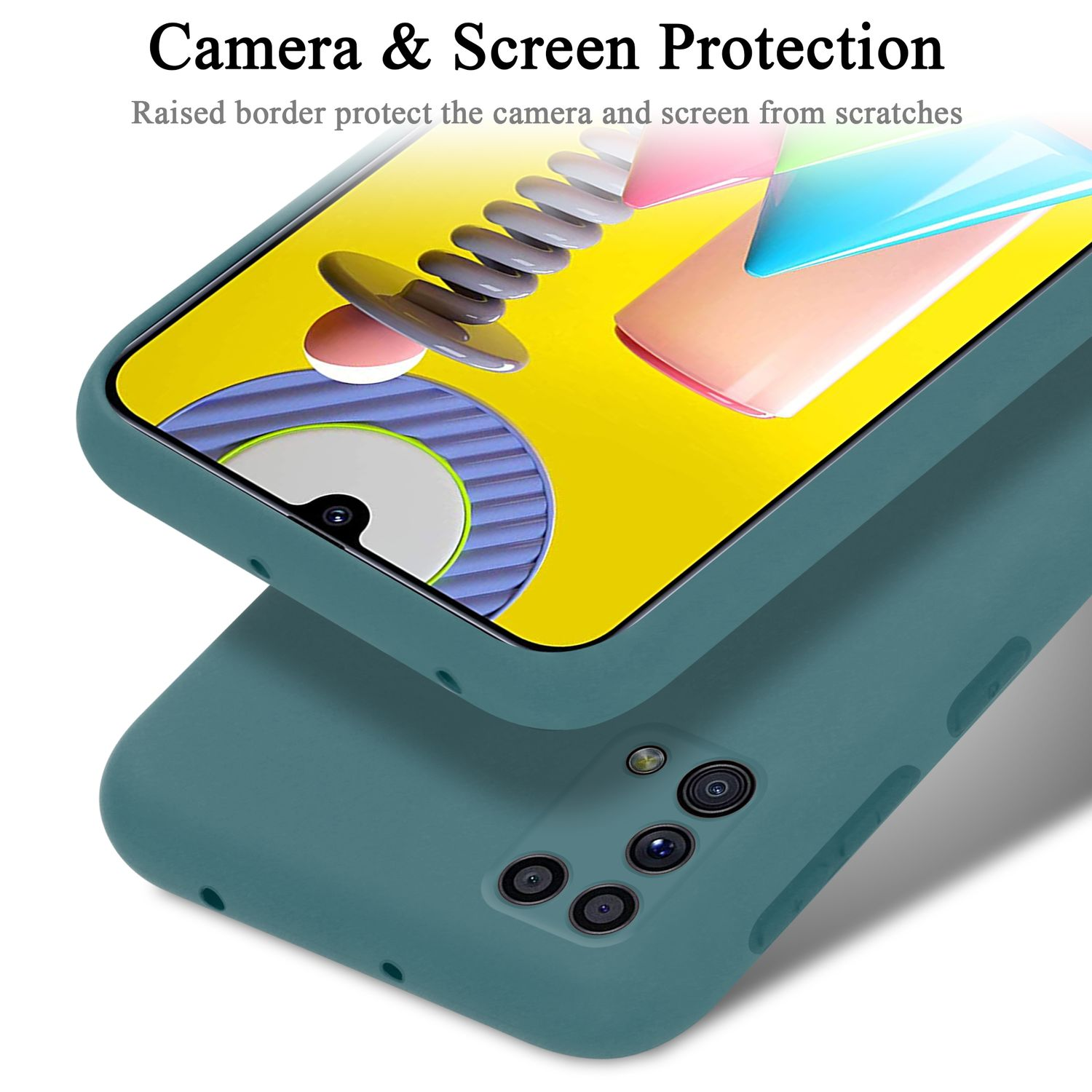 Custodia per telefono verde acqua con protezione fotocamera. Due custodie, una sopra l'altra.