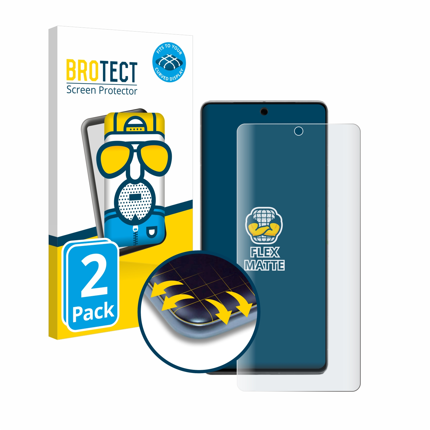 Displayschutzfolie und Telefon. Die Packung sagt '2er-Pack' und 'Brotect'.
