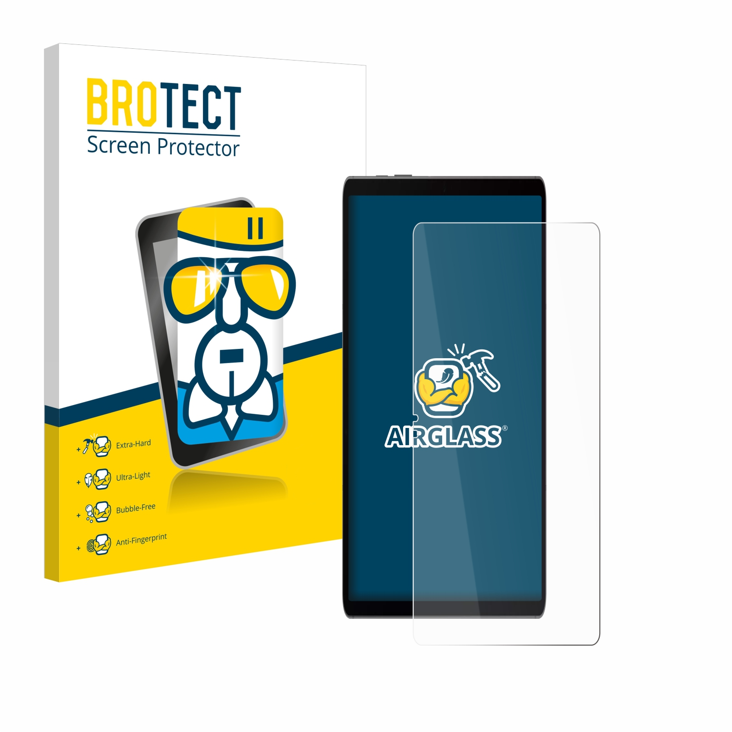 Ein Displayschutz und ein Telefon werden gezeigt. Der Schutz befindet sich auf dem Telefon und die Box dahinter.