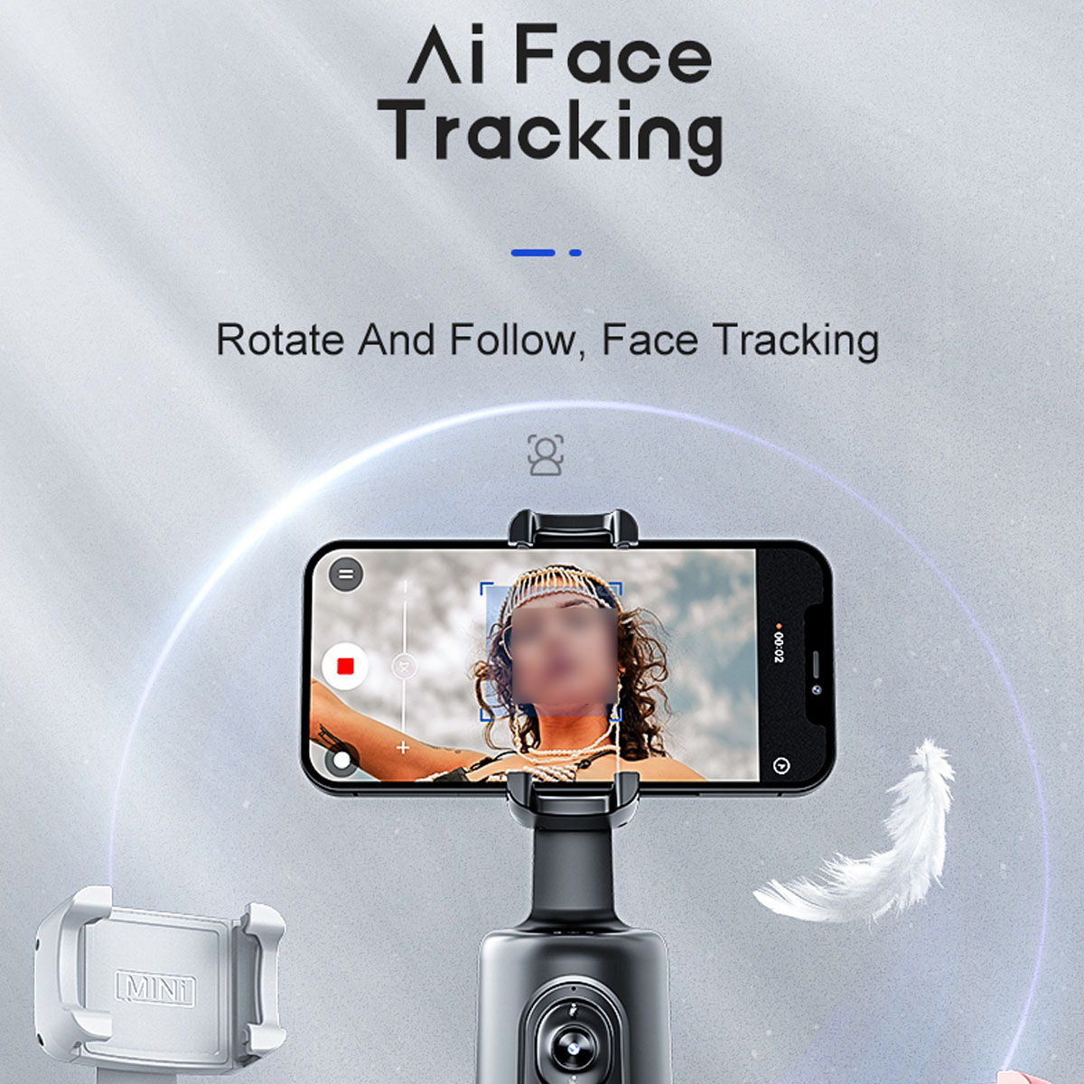 Un smartphone montado en un cardán, mostrando el seguimiento facial de IA.