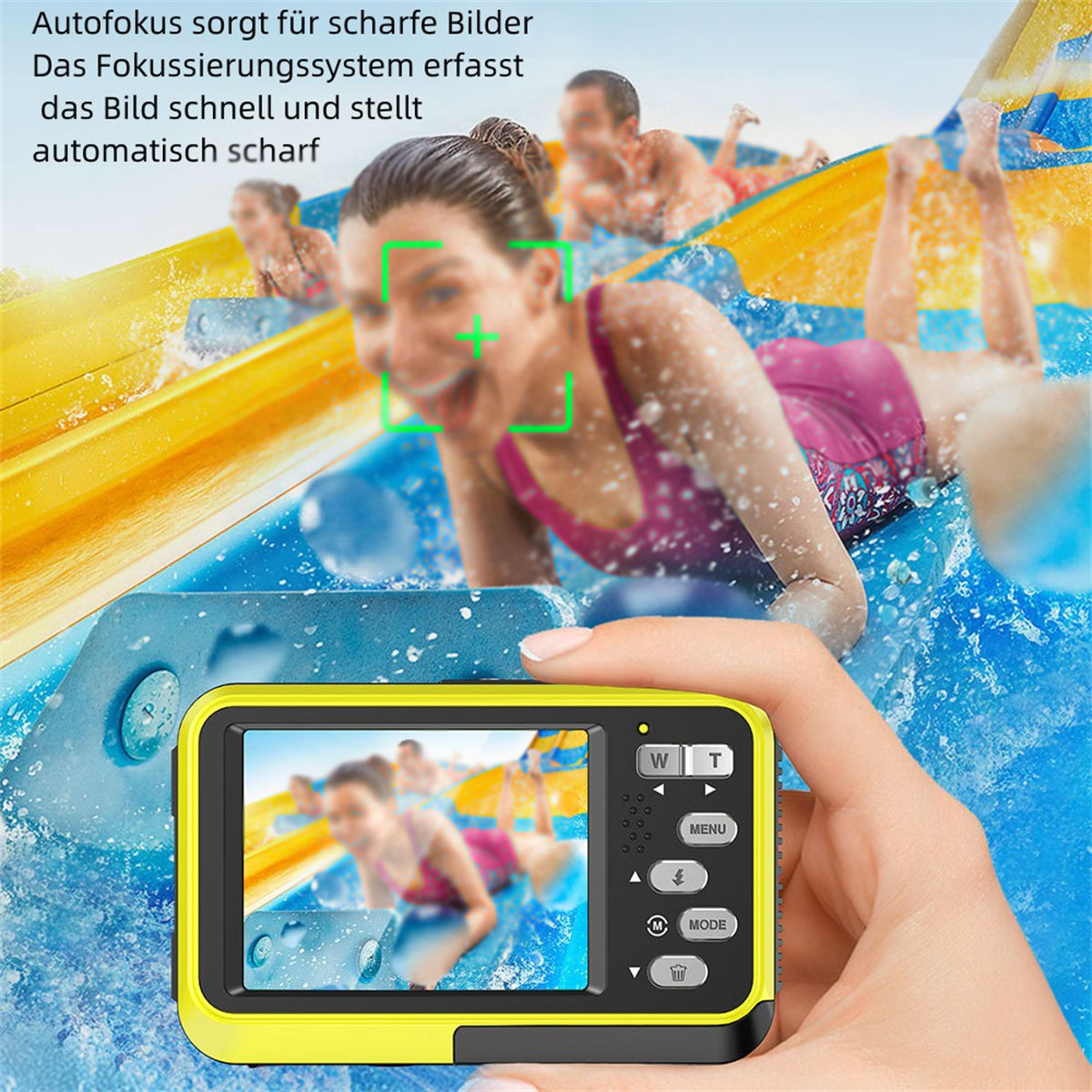 Eine Person hält eine gelbe Kamera, die eine Szene mit Leuten auf einer Wasserrutsche aufnimmt.