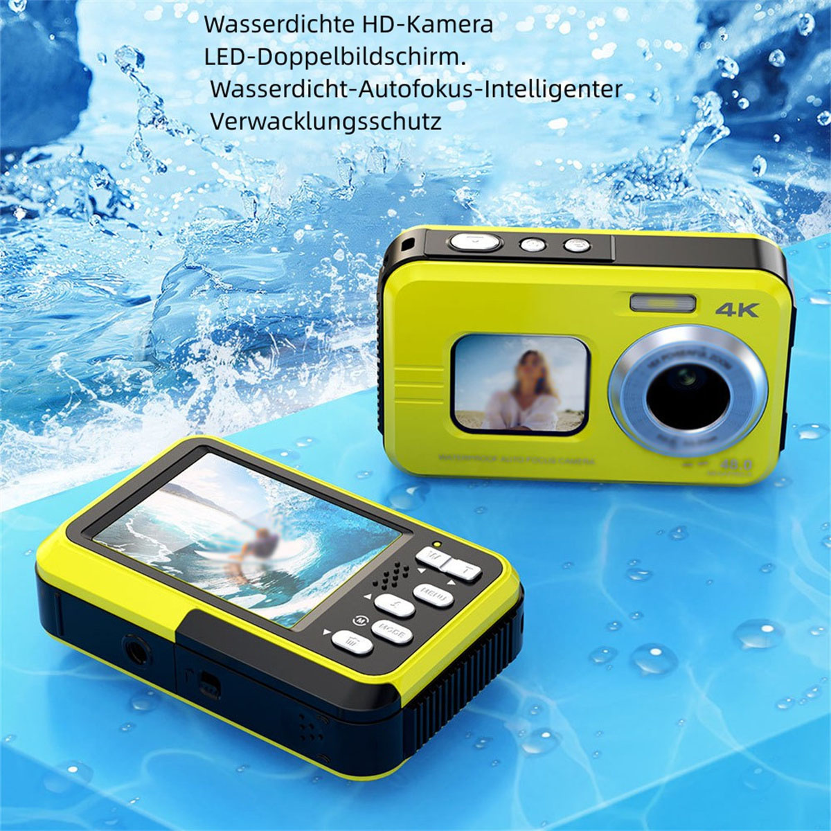 Zwei gelbe wasserdichte Kameras. Eine zeigt ein Bildschirmbild, die andere einen Objektivwinkel.