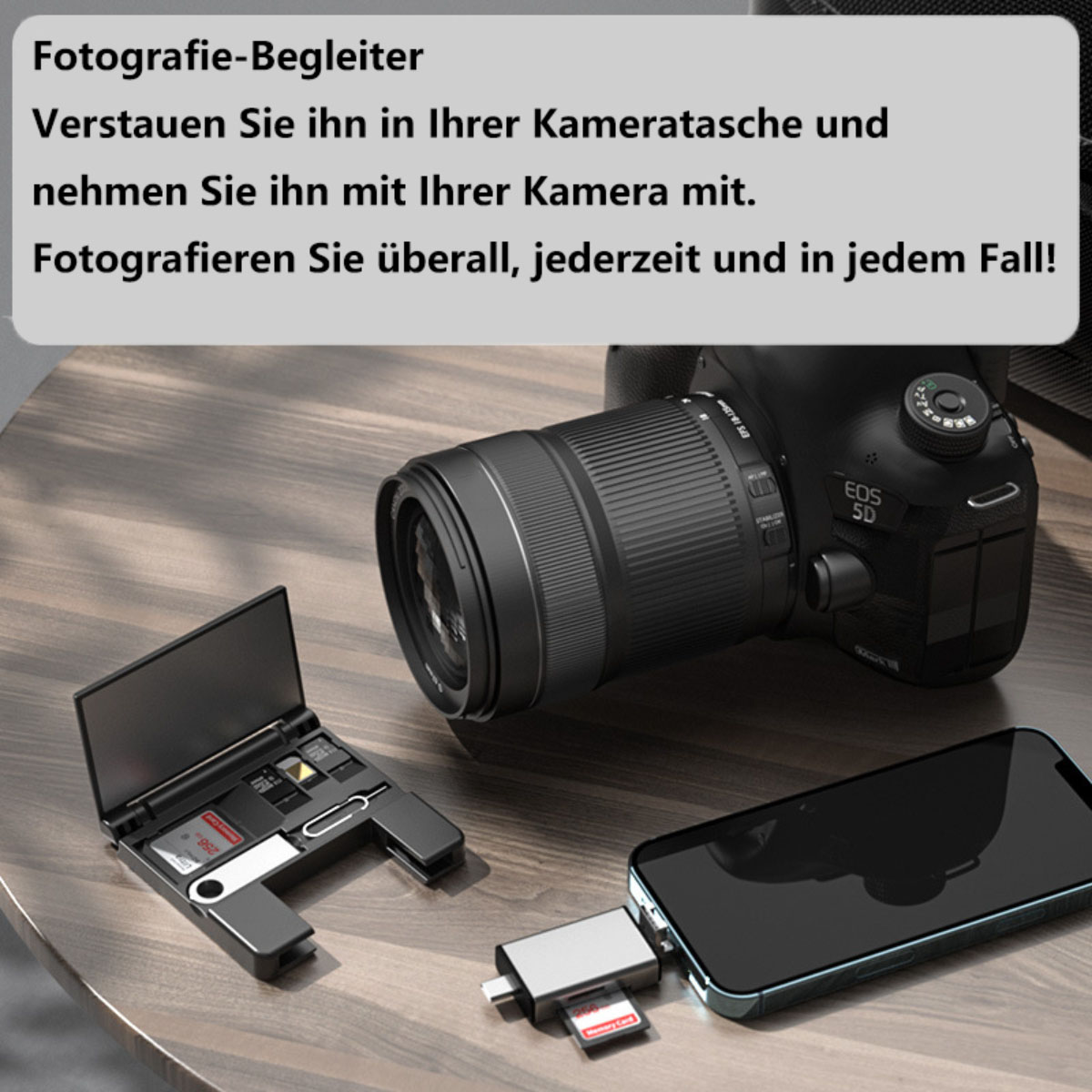 Fotozubehör mit Kamera, Telefon und Speicherkartenleser zum Verbinden von Geräten und Übertragen von Dateien.