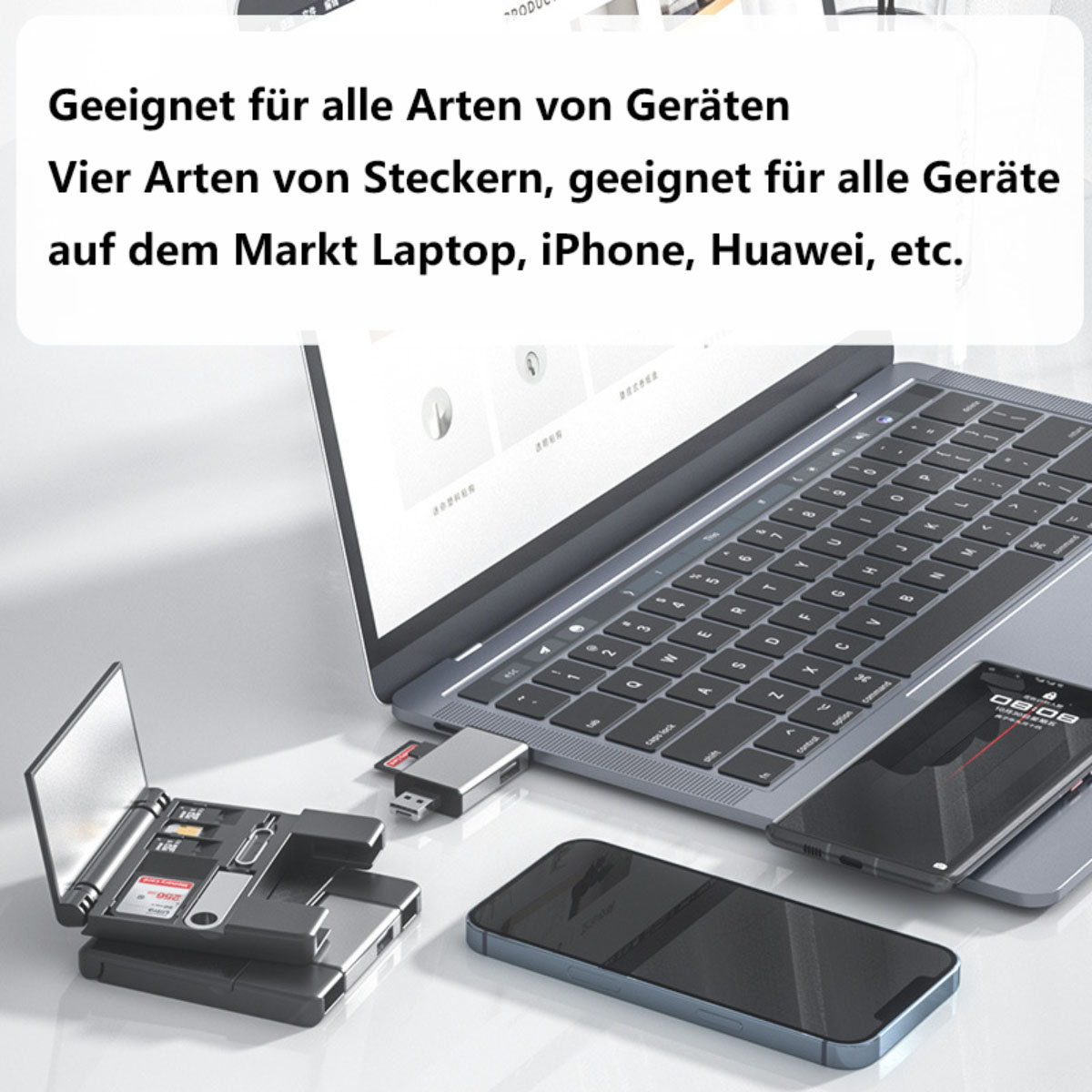 Laptop, Telefon und Kartenleser mit mehreren SD-Karten. Text: 'Geeignet für alle Arten von Geräten'.
