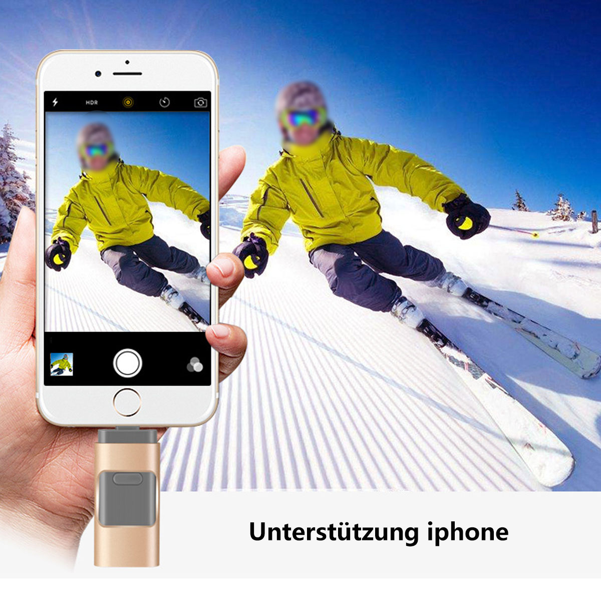 Smartphone mit Skifahrer, verbunden mit einem goldenen USB-Stick. Text: Unterstützung iphone.