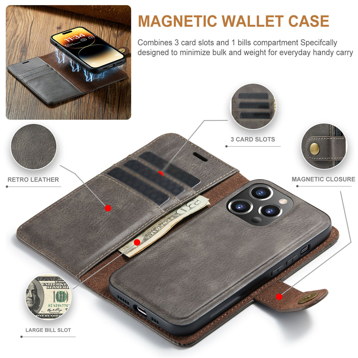 verschleißfest, Card Protector und SYNTEK Sorgfältige - Wallet Verarbeitung, iPhone, braun sicher Holster, iPhone14，15,