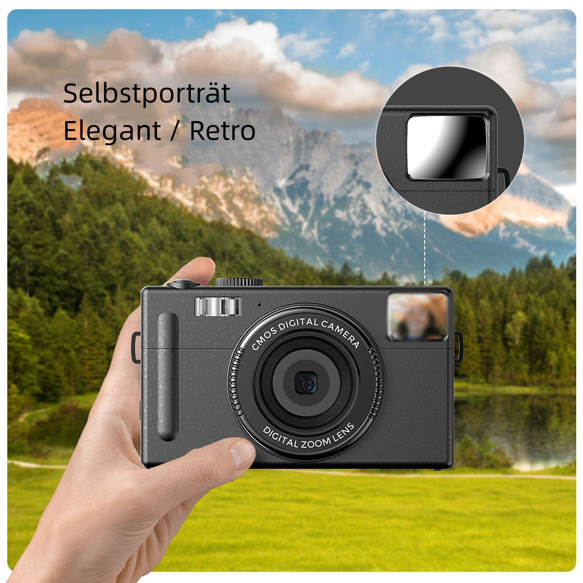 Mano sosteniendo una cámara digital negra con lente y pantalla. El fondo muestra una montaña.