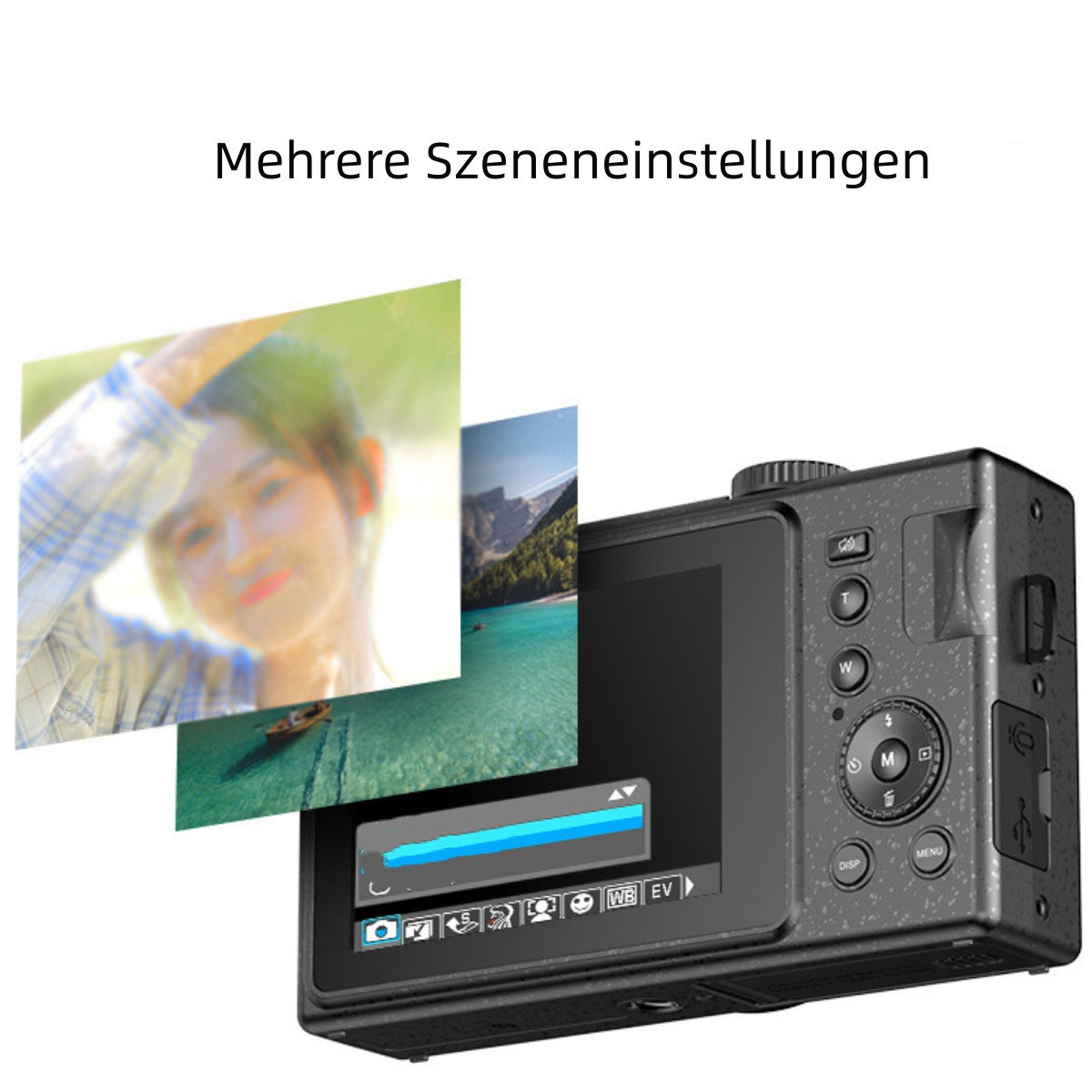 Digitalkamera mit Bildschirm, der Bilder anzeigt. Unscharfe Bilder schweben darüber.