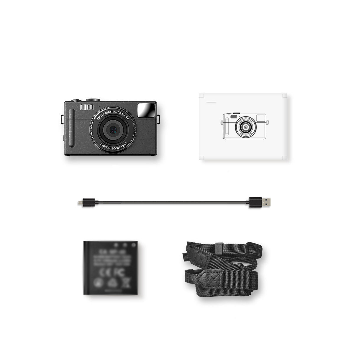 Eine Digitalkamera, eine Zeichnung, ein Ladekabel, eine Batterie und ein Kameragurt auf Weiß.
