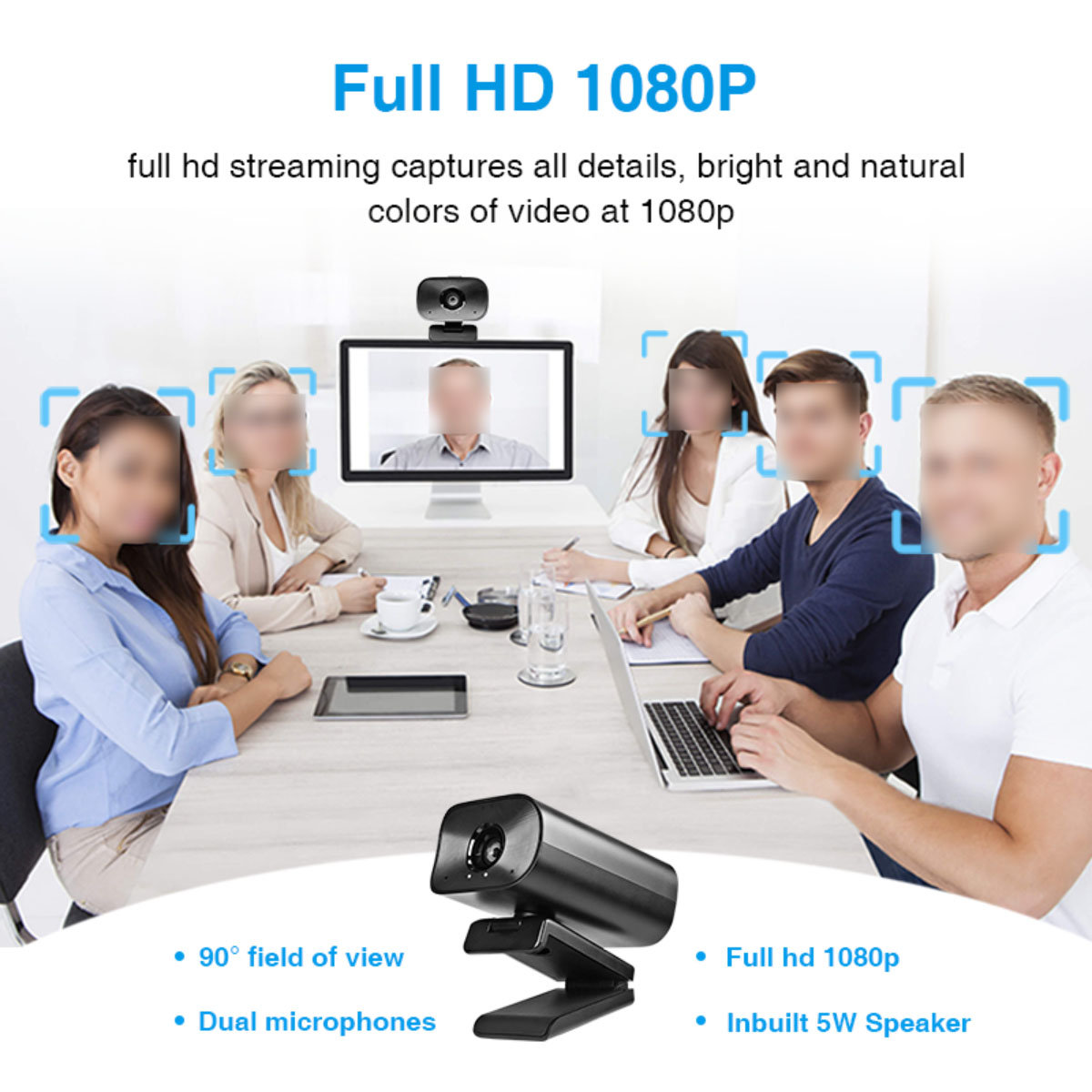 Full HD 1080P Webcam mit einer Person auf dem Bildschirm und Personen im Hintergrund. Verfügt über zwei Mikrofone.