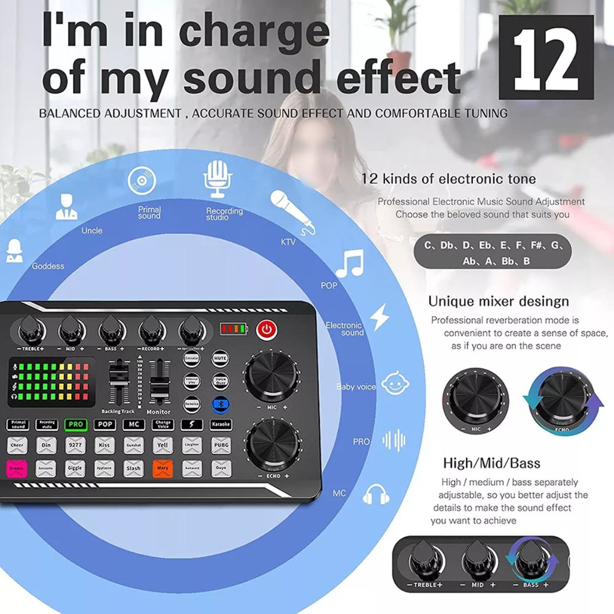 Mezclador de audio con varias perillas, botones y etiquetas de texto. Tonos negros y plateados con acentos azules.