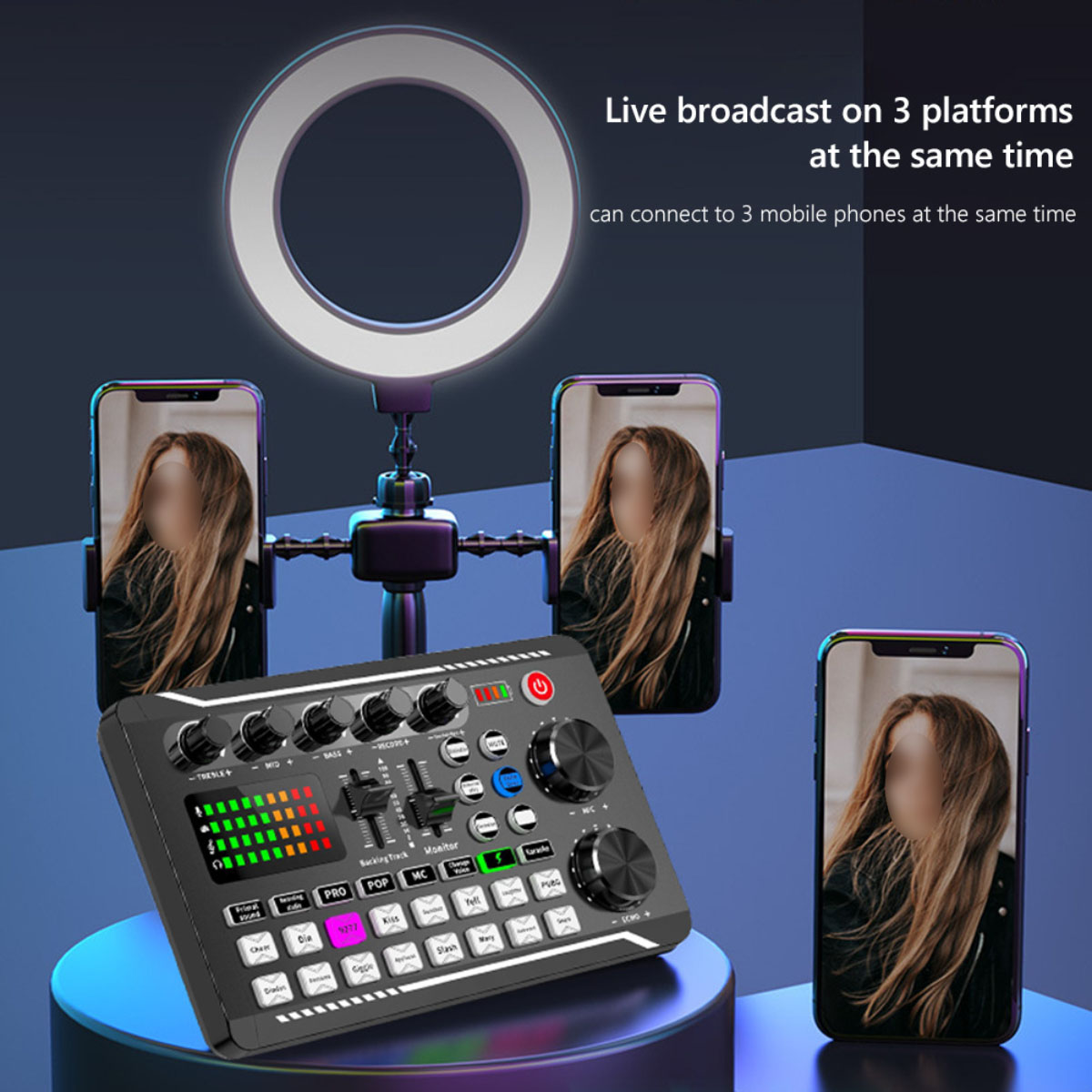 Configuración de transmisión en vivo con tres teléfonos, luz y una consola de mezclas.