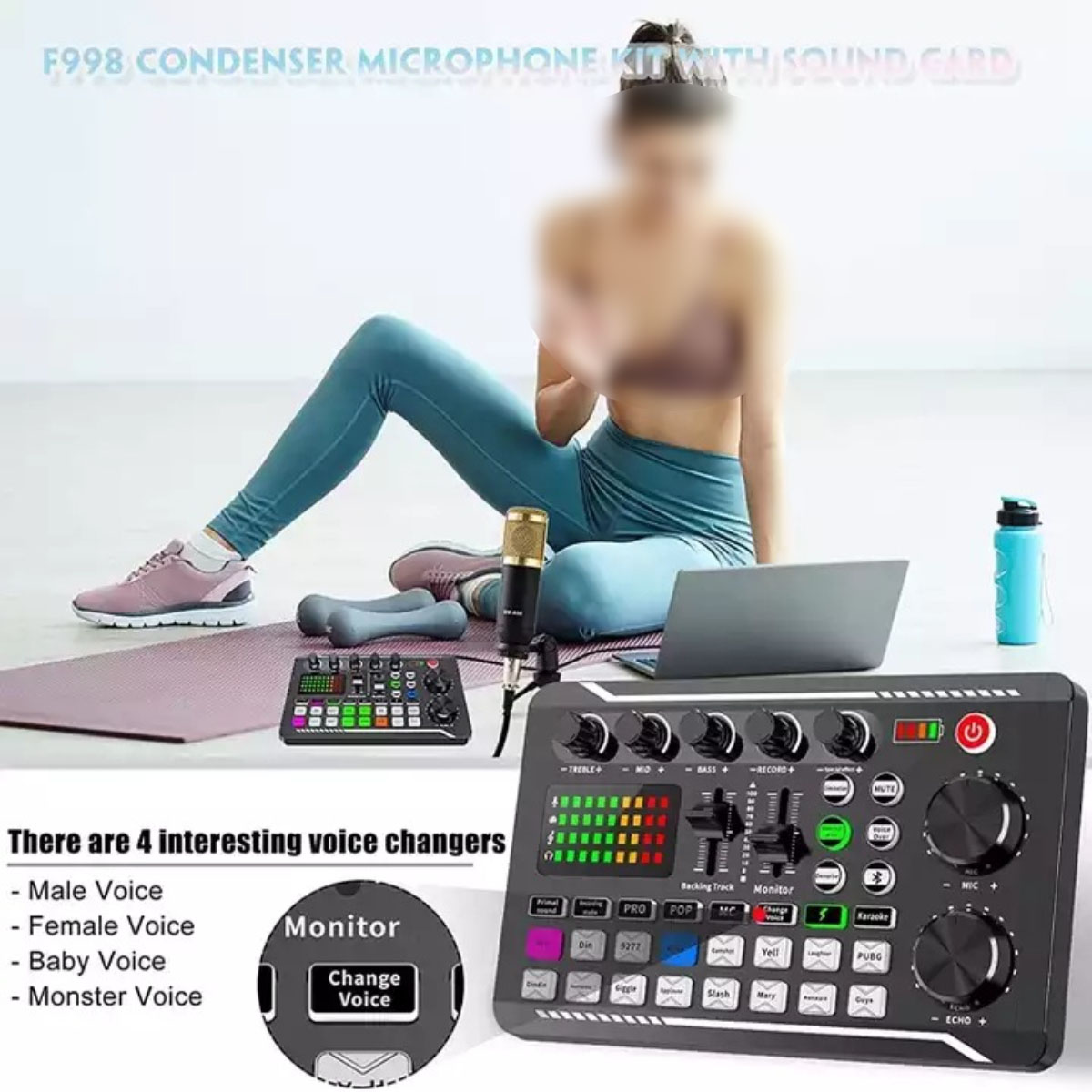 Una configuración de grabación. Una persona está sentada. Se ve un micrófono y una mesa de mezclas. Hay opciones de cambio de voz.