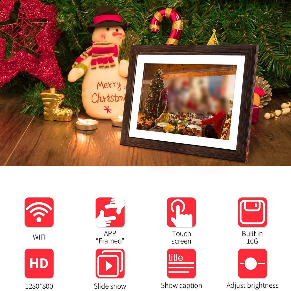 Gerahmtes Weihnachtsfoto mit Symbolen: WLAN, HD, App, Touchscreen, 16G, Helligkeit anpassen, Diashow, Bildunterschrift anzeigen.