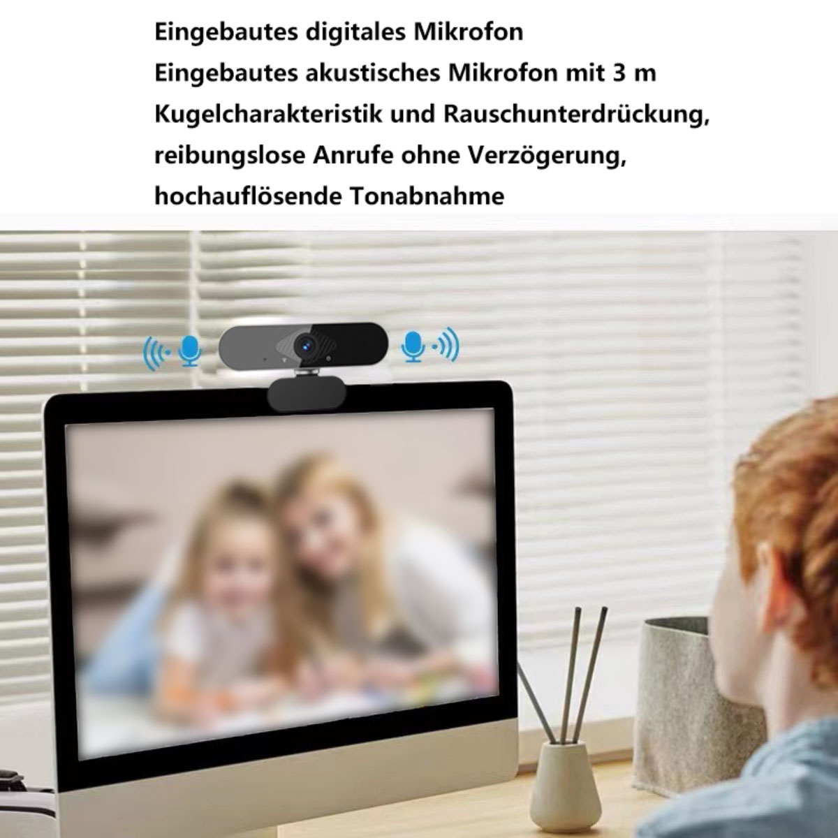 Una webcam en la parte superior de un monitor que muestra a una familia, con texto sobre sus características en un fondo blanco.