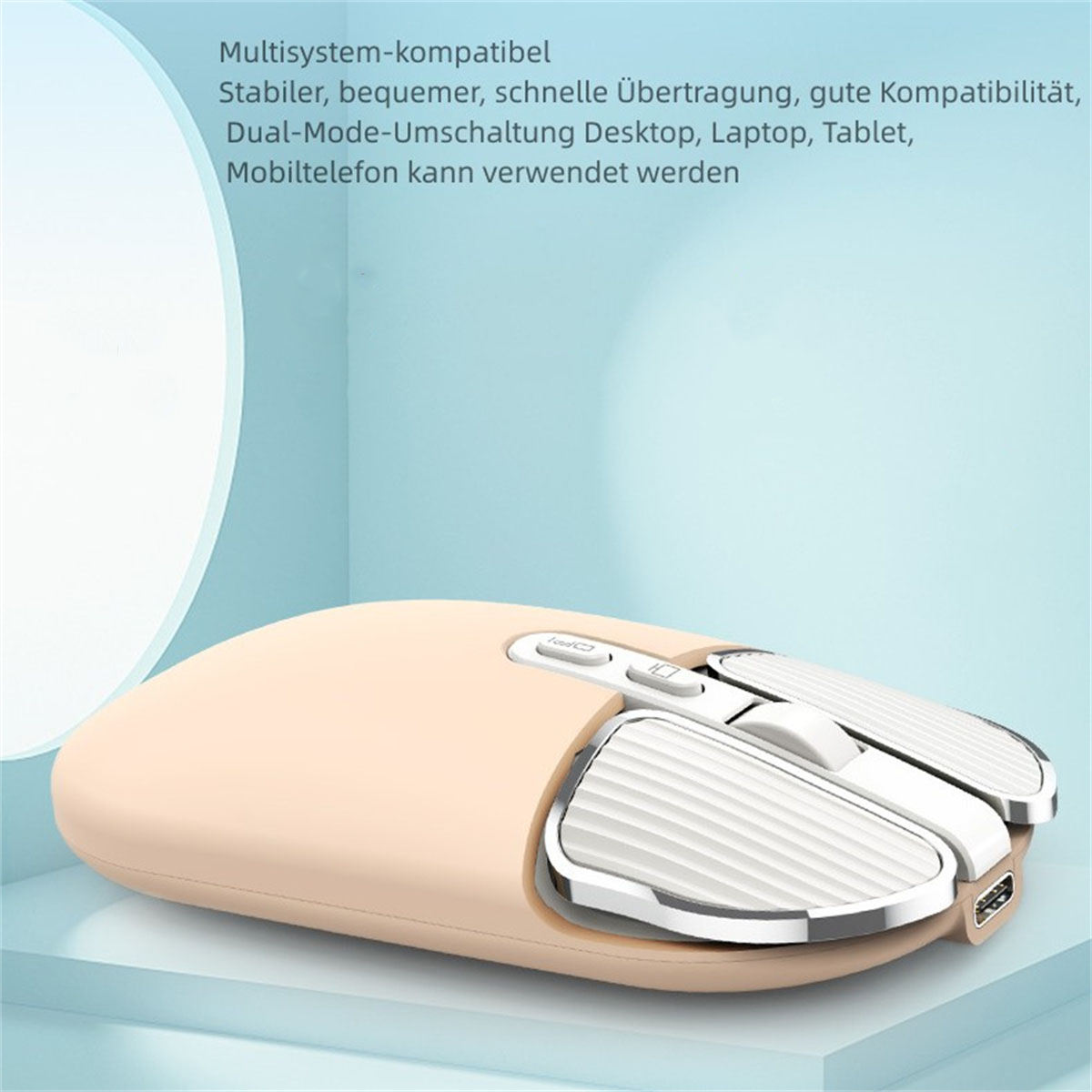 Eine beige kabellose Maus mit weißen Akzenten, mit USB-C-Anschluss und Text.