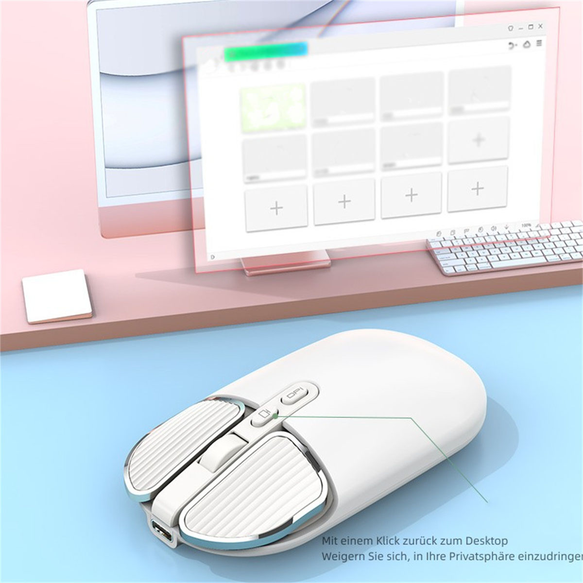 Weiße kabellose Maus mit Display, Computerbildschirm im Hintergrund.