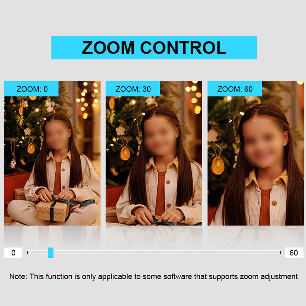La imagen muestra tres versiones de la misma escena con una niña y un árbol de Navidad con diferentes niveles de zoom.