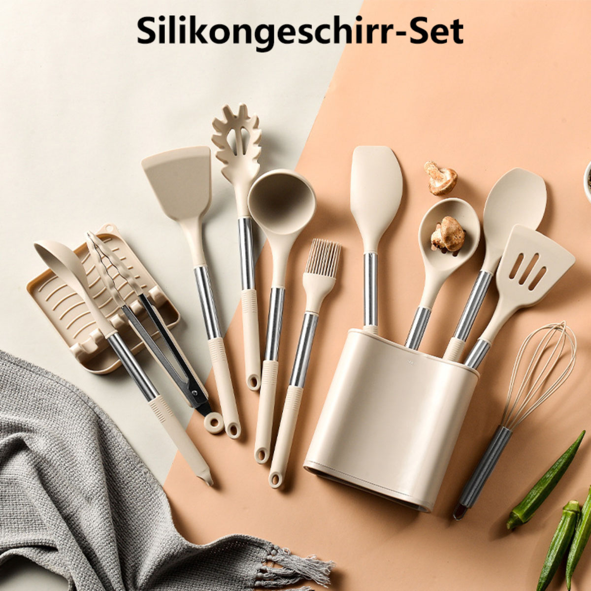 Edelstahl-Rohrgriff-Silikon-Küchenutensilien Antihaft-Spatel-Löffel-Küchenwerkzeug-Set BYTELIKE Kochgeschirr 13-teiliges