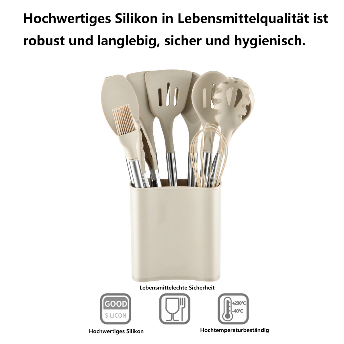 Set von Küchenutensilien in einem Halter, mit Symbolen für Lebensmittelsicherheit und Temperaturbeständigkeit.