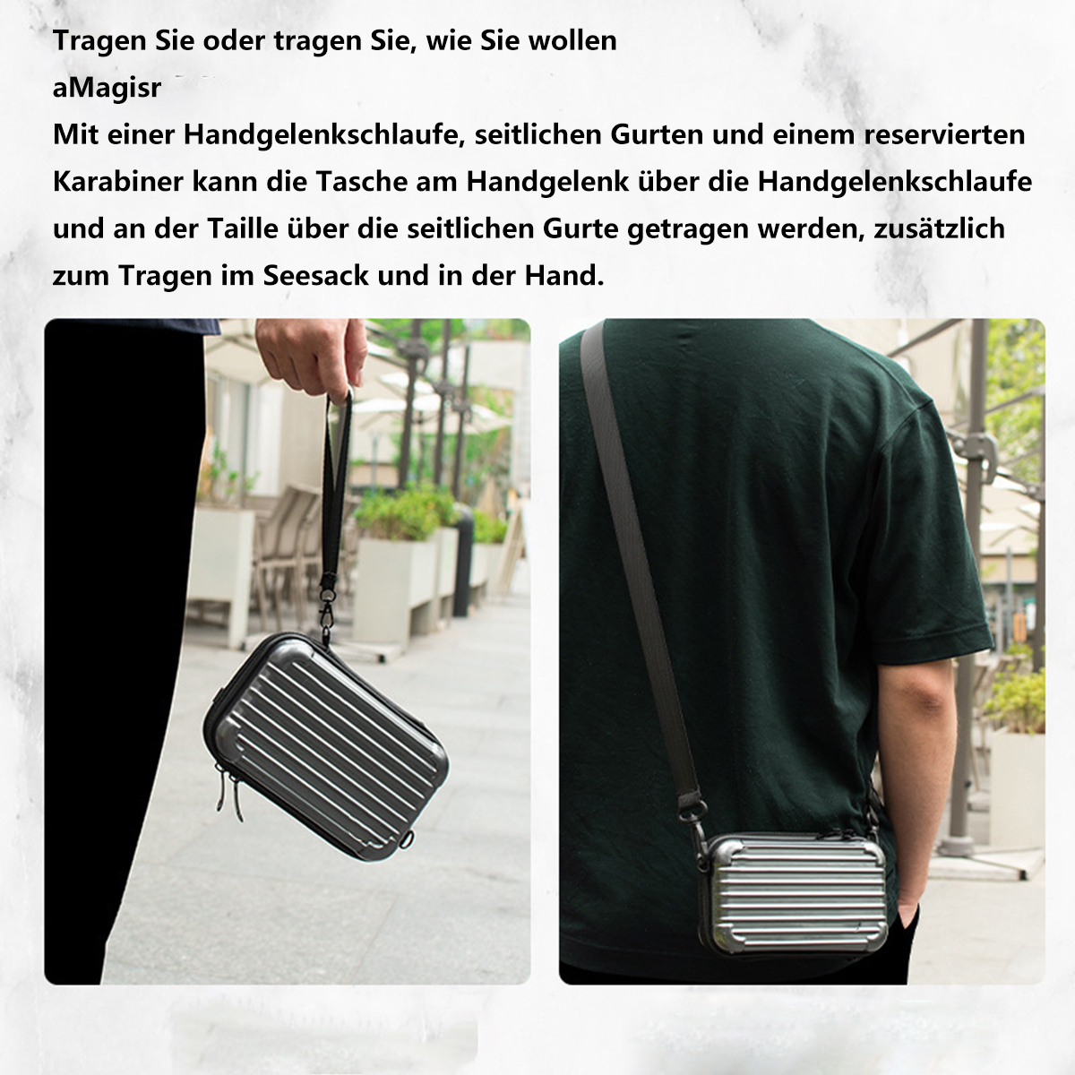Zwei Bilder einer kleinen schwarzen Tasche mit silbernem Streifendesign. Eine Person hält und trägt sie.